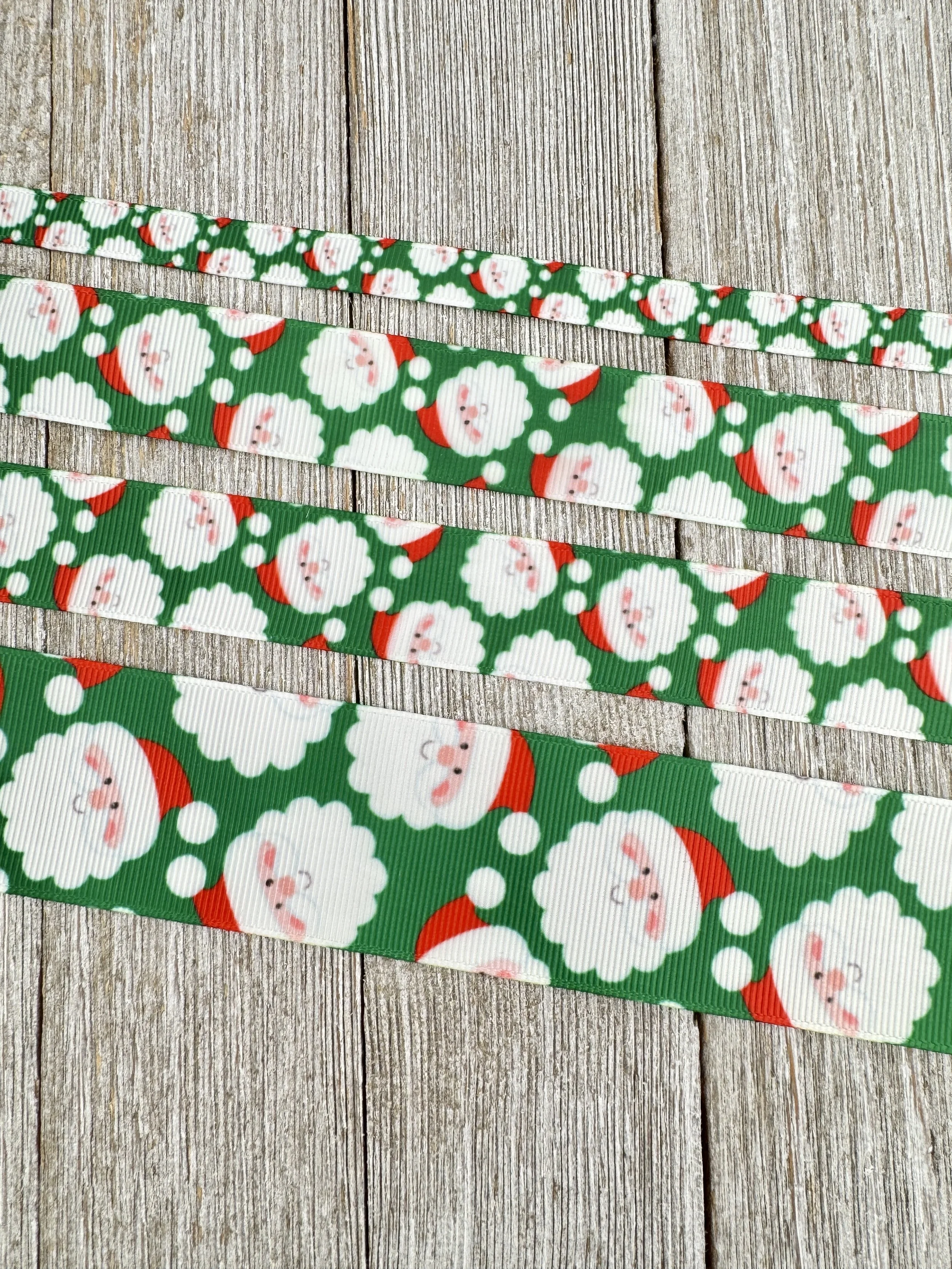 Santa Claus on Green Printed Grosgrain Ribbon -  3/8" - 5/8" - 7/8"- 1.5" - Sew - Craft - Decor - Party Decor - Hair Bow - Gift Wrap -Tag - Wreath