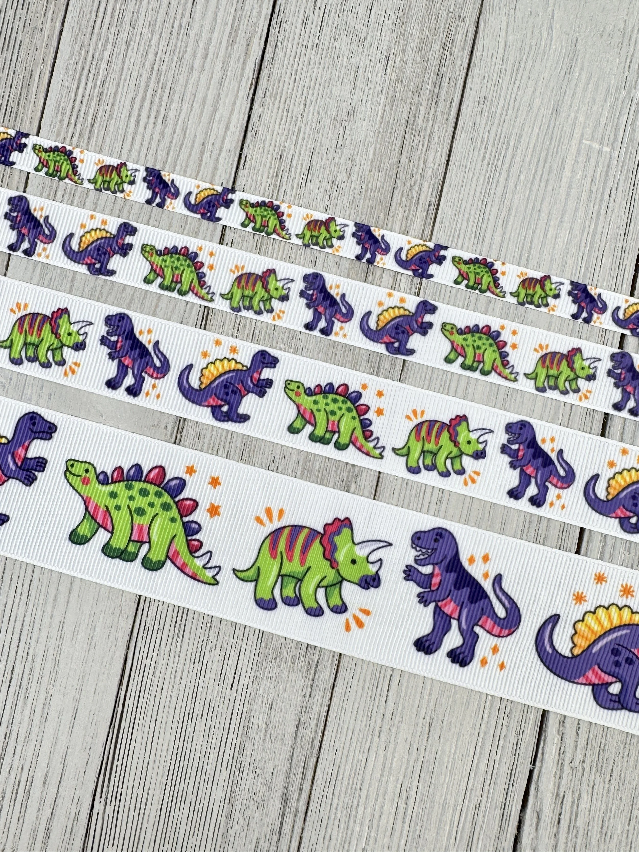 Purple and Green Dinosaur Dino Grosgrain Printed Ribbon: 3/8”, 5/8", 7/8", 1.5”, Hair Bow, Baby Shower, Nursery Decor, Birthday Decor