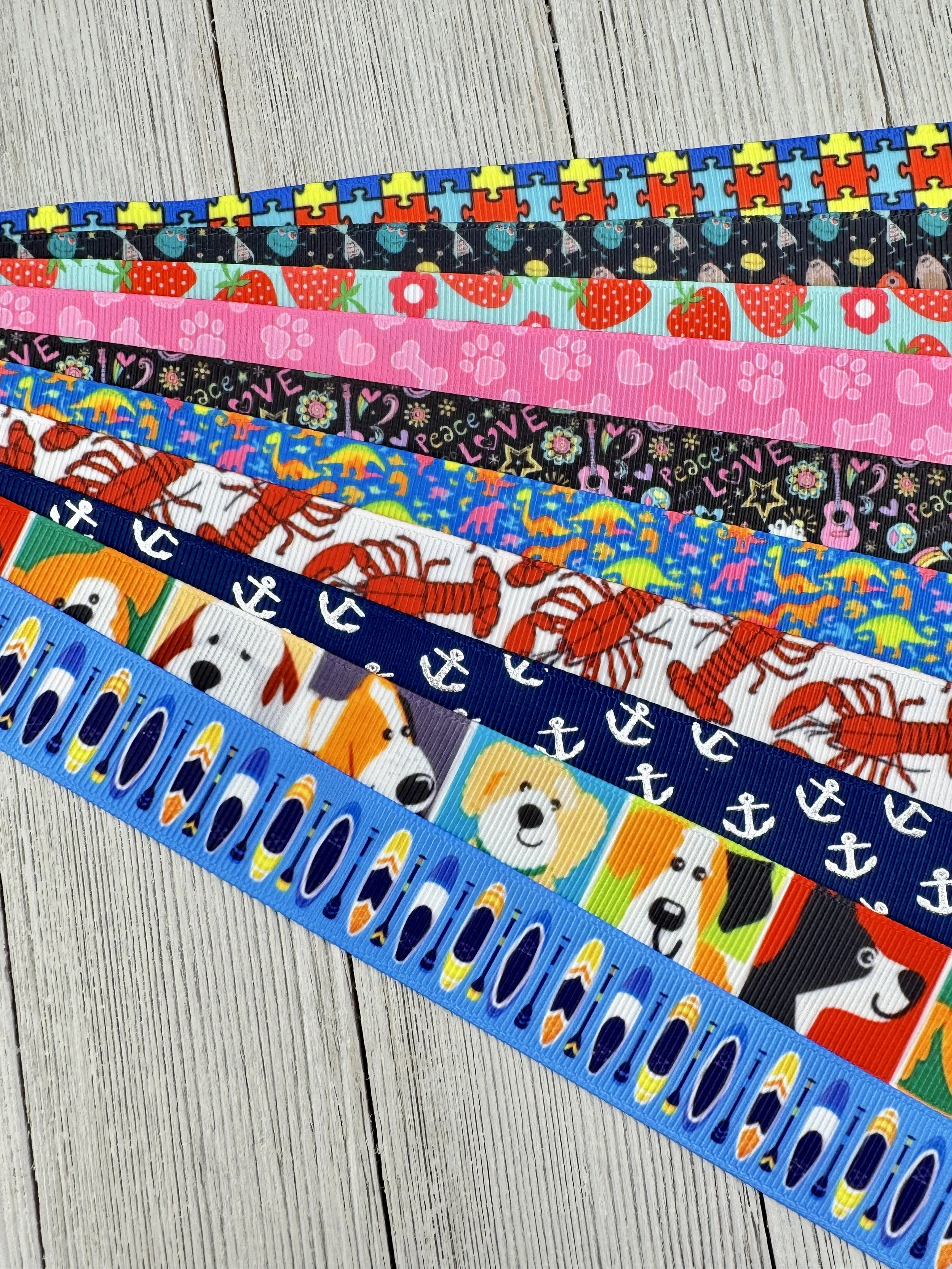 Get Exactly What You See! 10 x 1-Yard Cuts  7/8" Printed Grosgrain Printed Ribbon; Luggage Tag, Gift Wrap, Hair Bow, Dog Collar