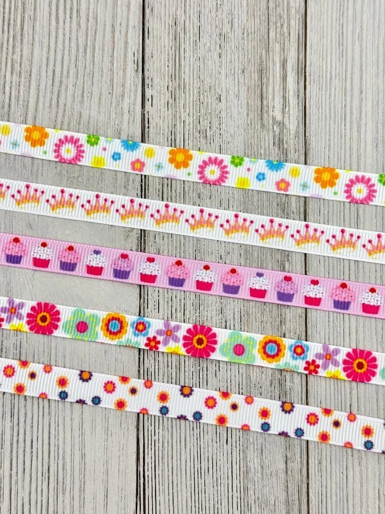 3/8" Choice of 5 Narrow Grosgrain Printed Ribbon: 3/8", Gift Wrap, Party Favor, Tags, Hair Bow