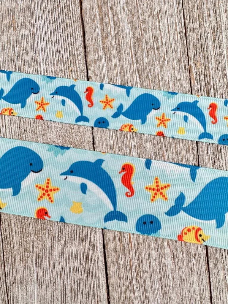 Lot 2 Large Dolphin Whale Starfish Print Grosgrain Ribbon - 7/8" - 1.5" - Craft Supplies- Luggage Tag - Key Fob - Hair Bow - Dog Collar