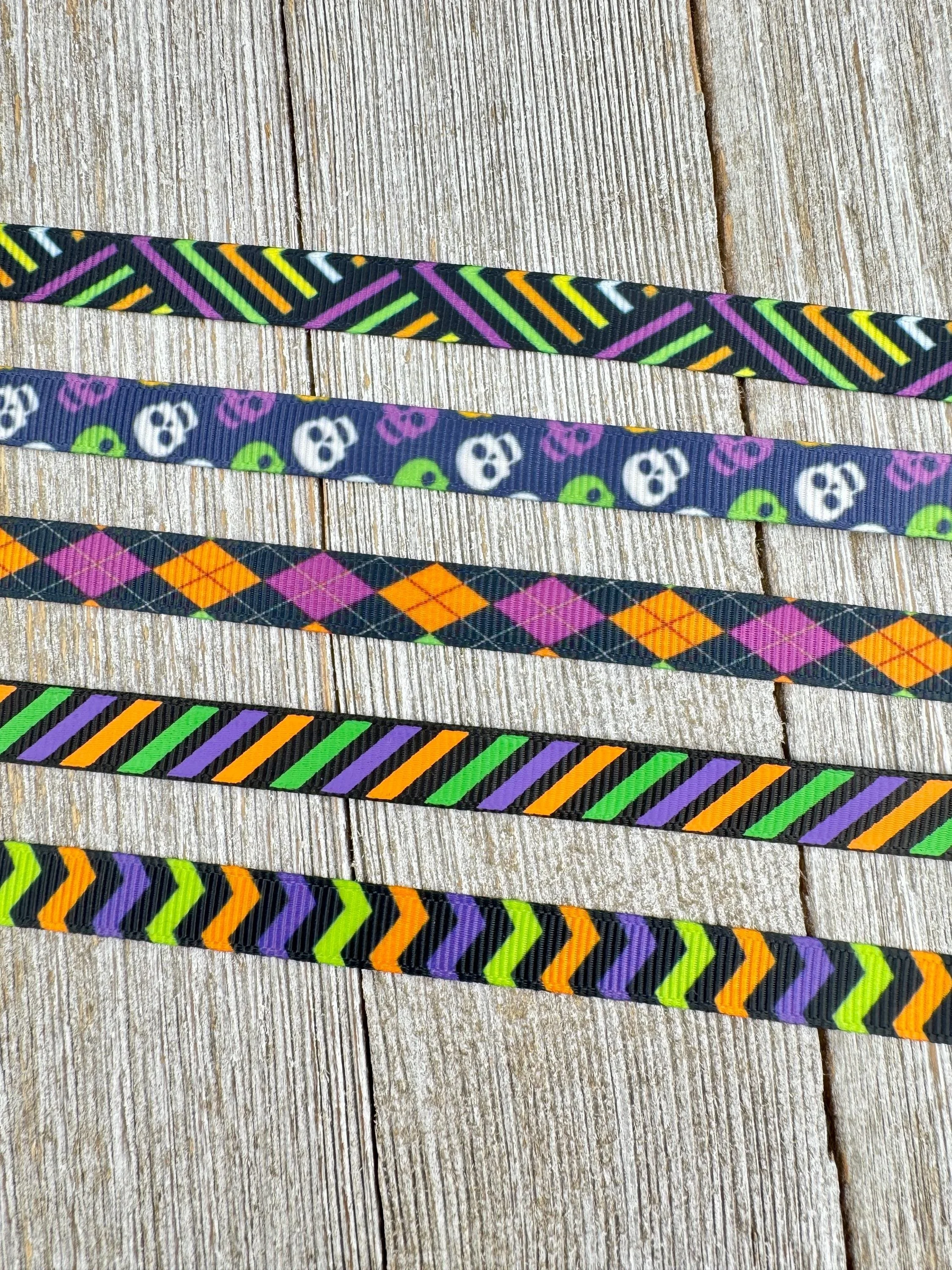 Choice of Five 3/8" Halloween Printed Grosgrain Ribbon: Sew, Craft, Party Favor, Treat Bag, Gift Wrap