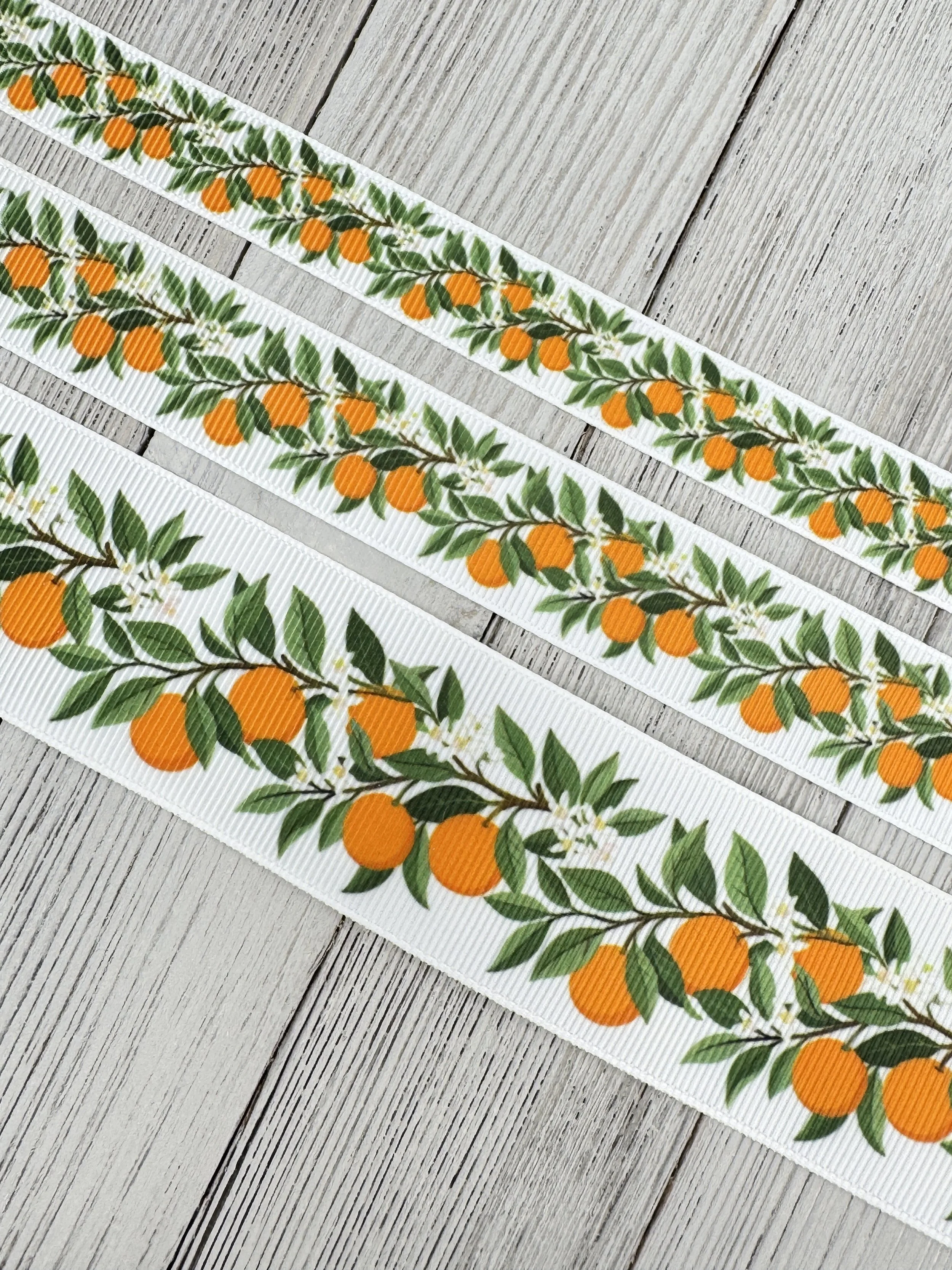 Orange Blossoms Summer Citrus Fruit Grosgrain Printed Ribbon: 5/8", 7/8", 1.5", Jam Jar, Baking Label, Wreath Bow, Luggage Tag, Bow