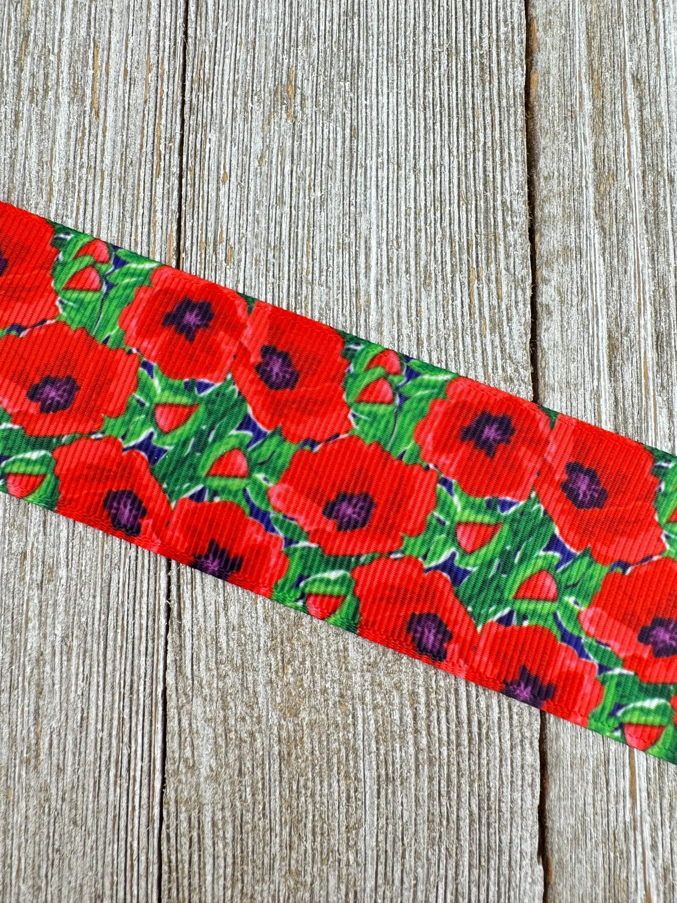 Sale! 5 Yards Red Poppies Blue Accents & Green Leaves Printed Grosgrain Ribbon: 1.5"