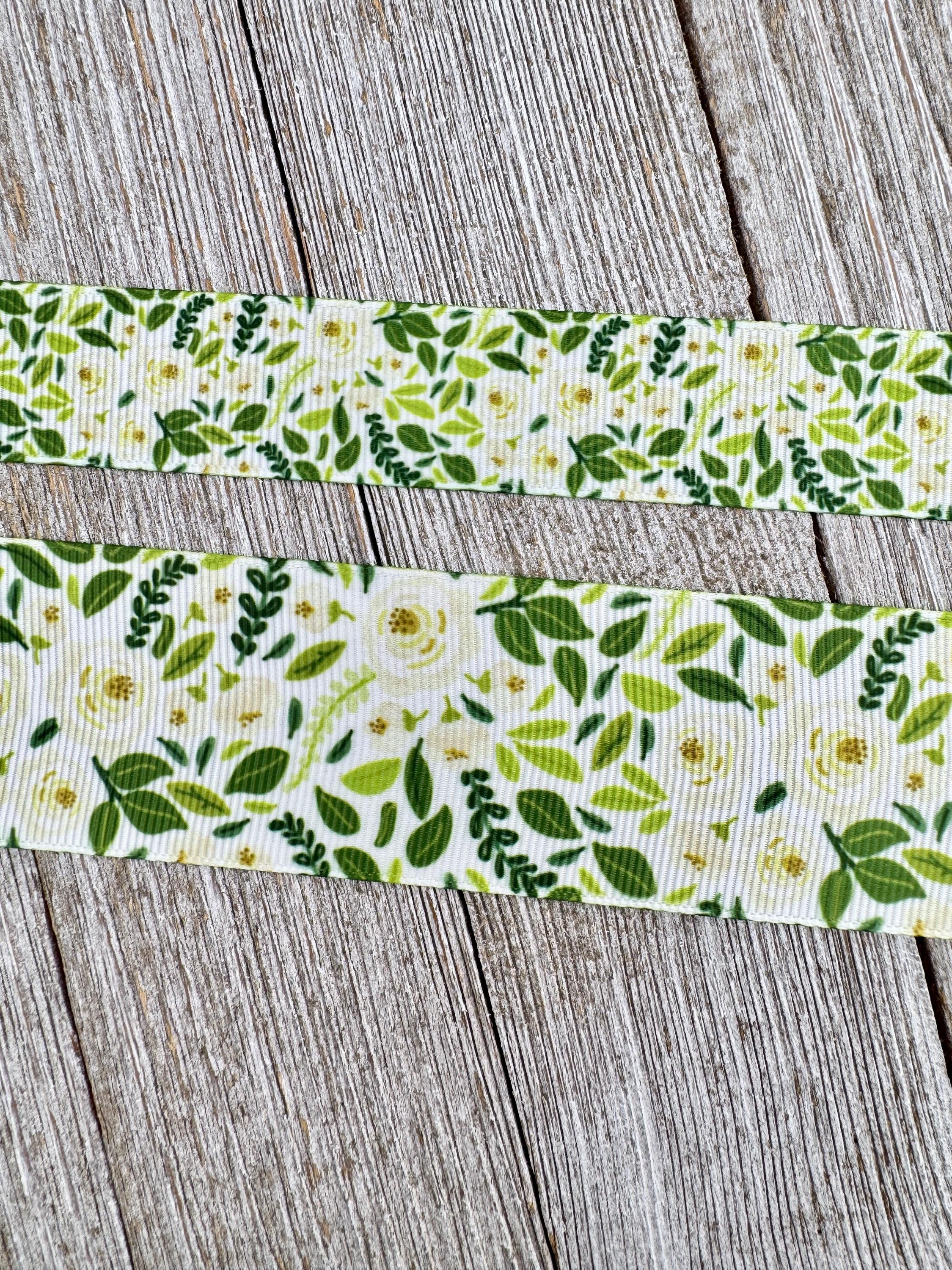 Cream Flowers & Deep Greenery Printed Grosgrain Ribbon: 7/8", 1.5", Sew, Craft, Wedding Shower, Hair Bow, Gift Wrap, Flower Girl Basket