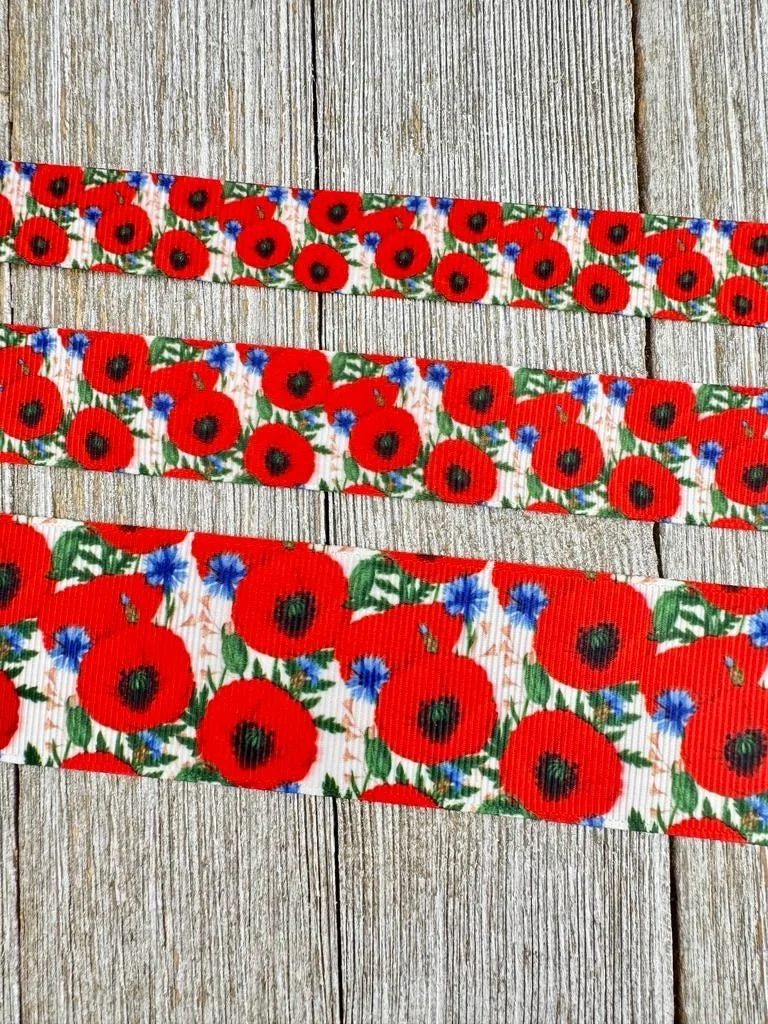Red Poppies And Blue Accent Flowers Printed On White Grosgrain Ribbon -  5/8"  - 7/8" - 1.5" - Craft - Wreath - Hair Bow - Wreath - Wrap