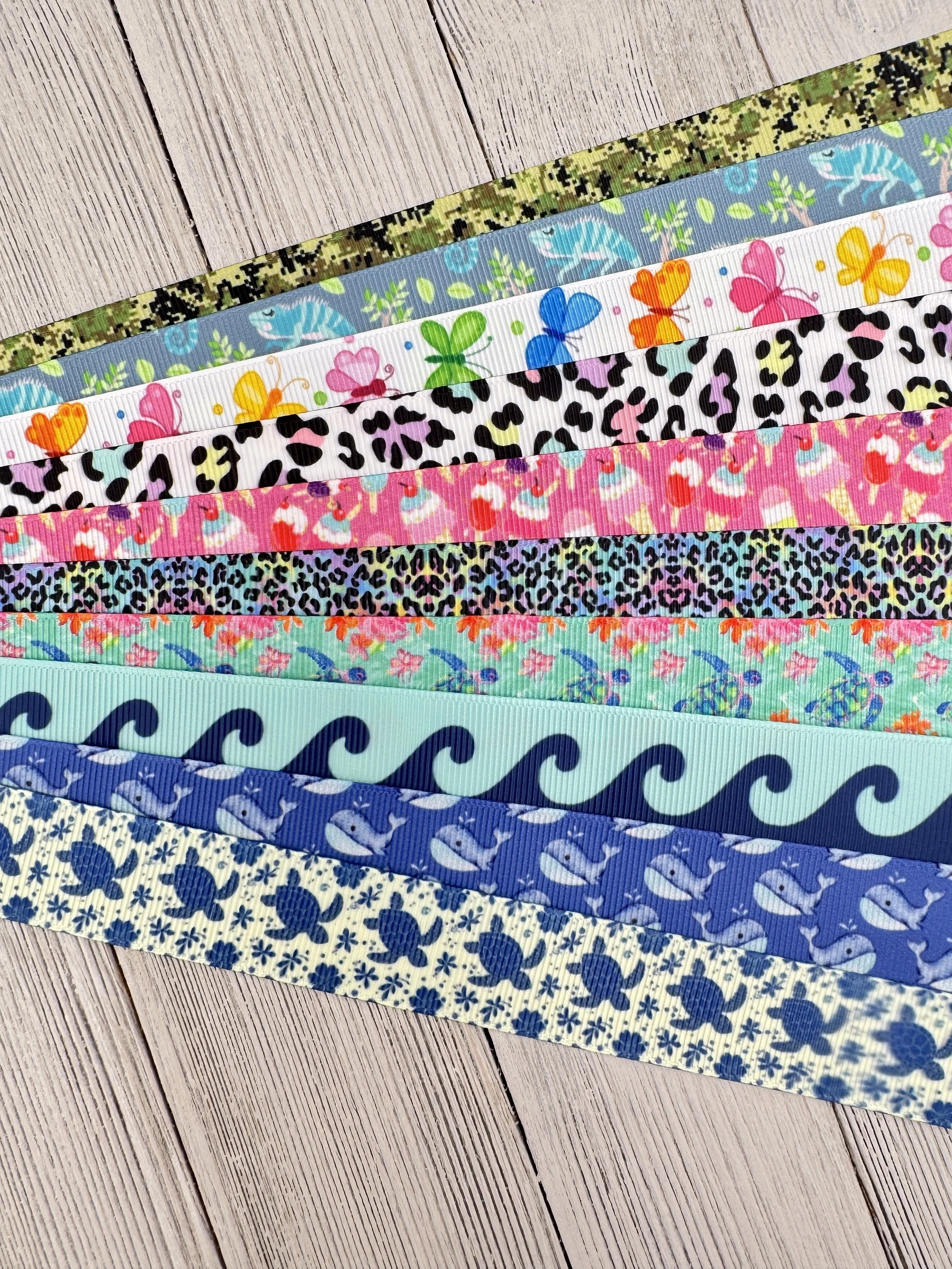 Get Exactly What You See! 10 x 1-Yard Cuts Grosgrain Printed Ribbon:  7/8", Summer Fun, Fruit, Animal Print, Luggage Tag, Dog Collar