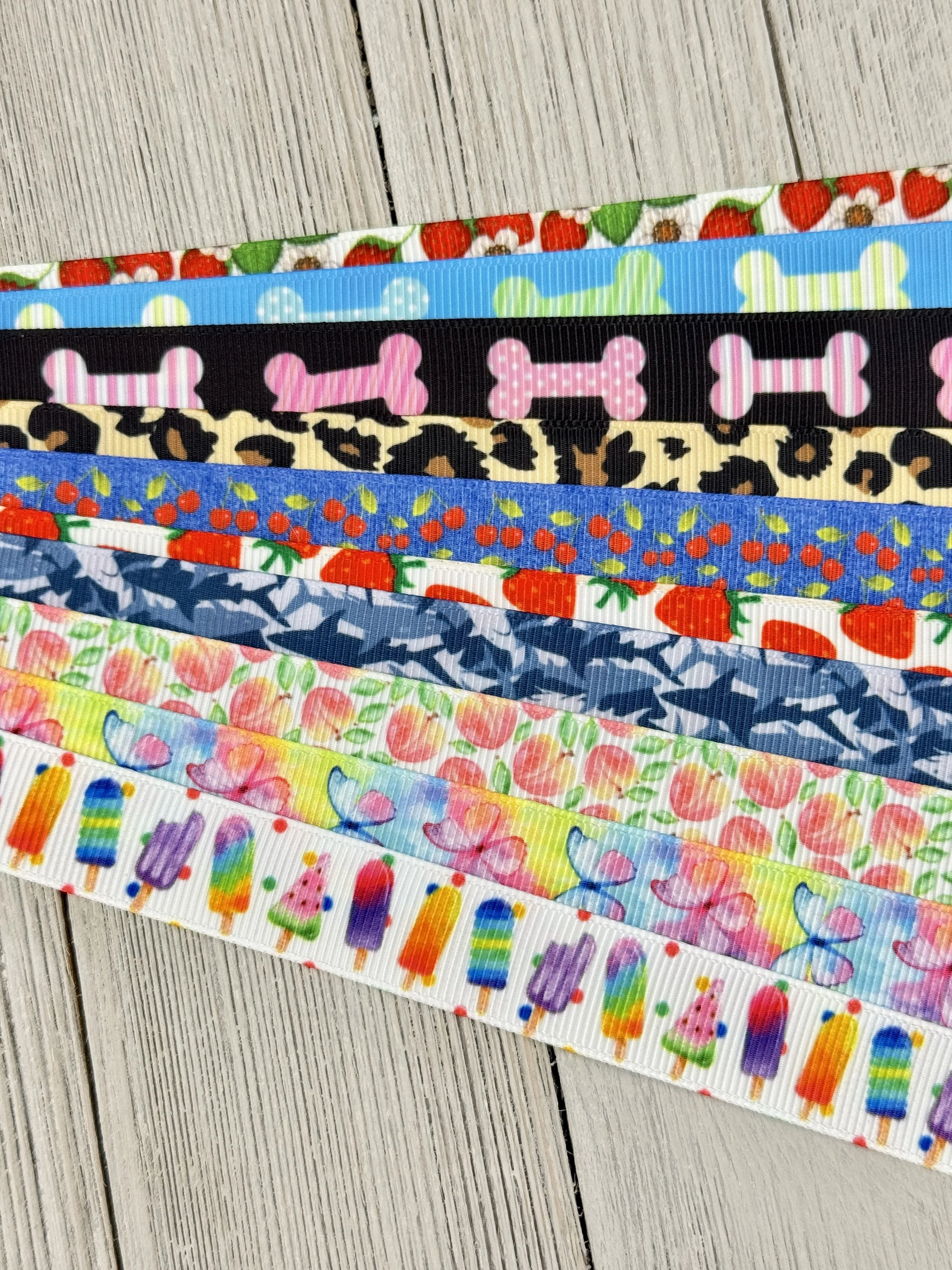 Get Exactly What You See! 10 x 1-Yard Cuts Printed Ribbon: 5/8" Summer Fun, Fruit, Animal, Nautical, Bow, Dog Collar, Luggage Tag, Gift Wrap