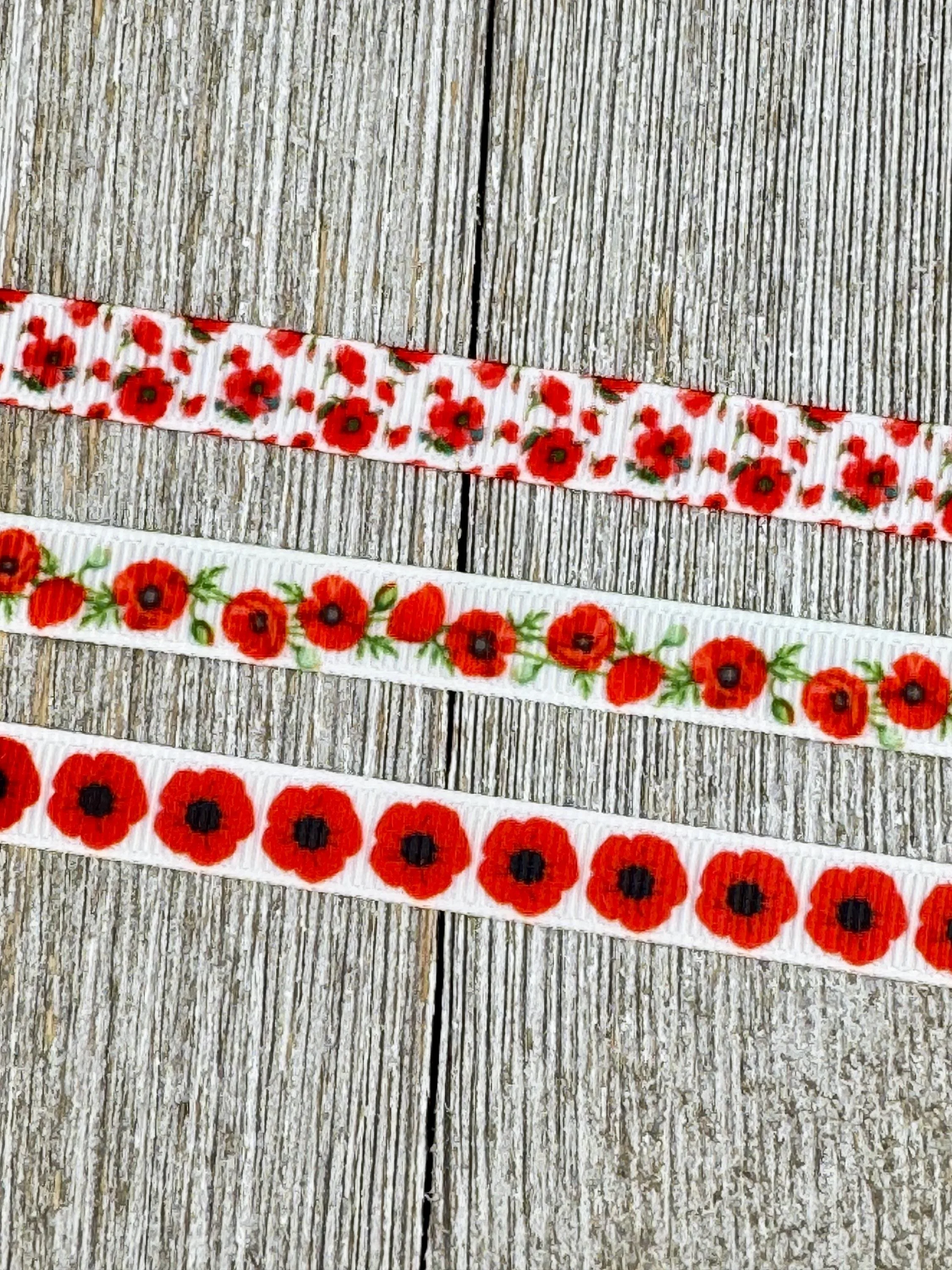 3/8" Choice of 3 Red Poppies Poppy Grosgrain Printed Ribbon: Streamer, Floral Ribbon, Gift Wrap