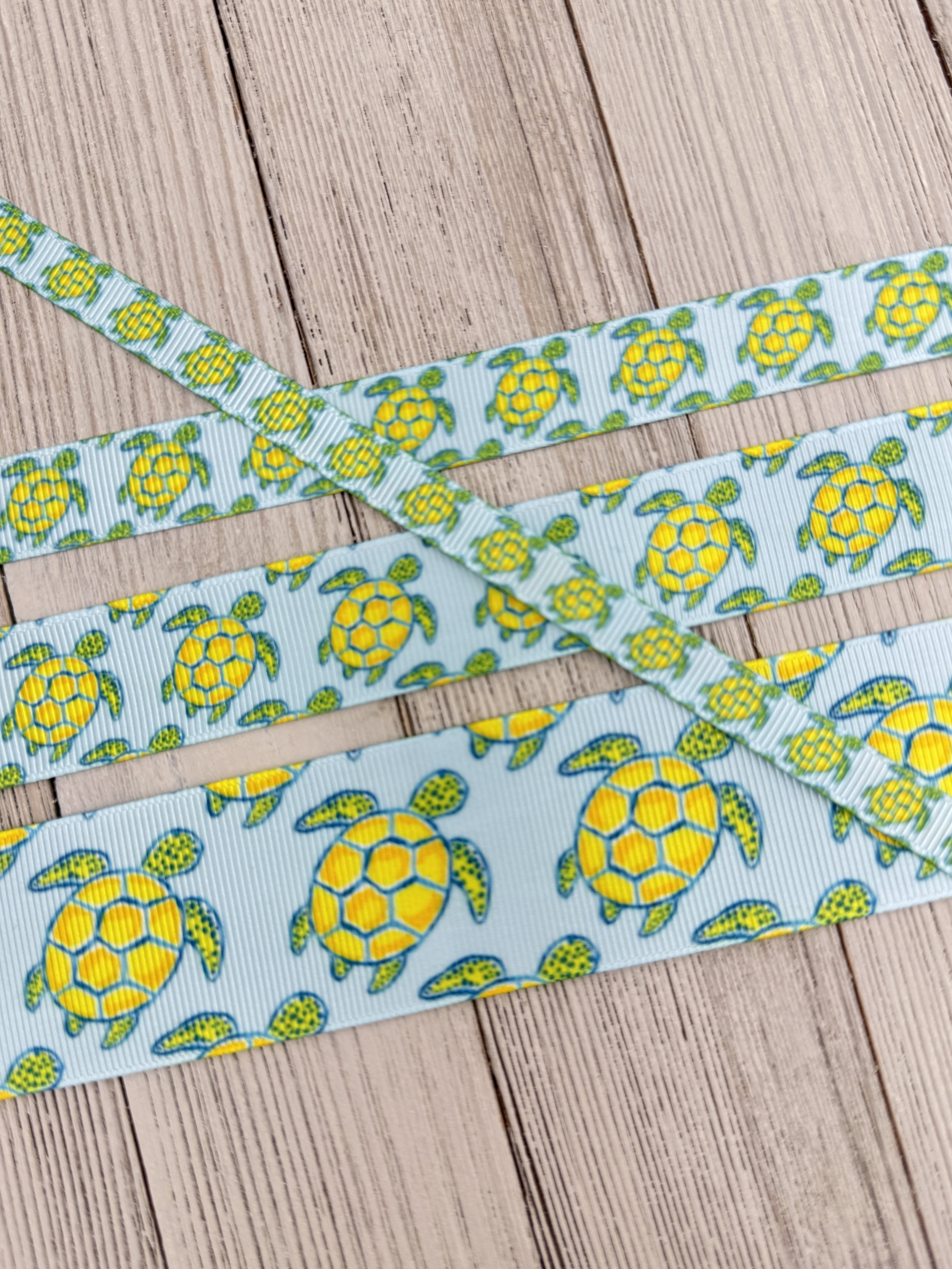Green & Yellow Sea Turtles On Pale Blue Printed Grosgrain Ribbon: 3/8", 5/8", 7/8", 1.5", Craft Ribbon, Dog Collar, Luggage Tag, Hair Bow