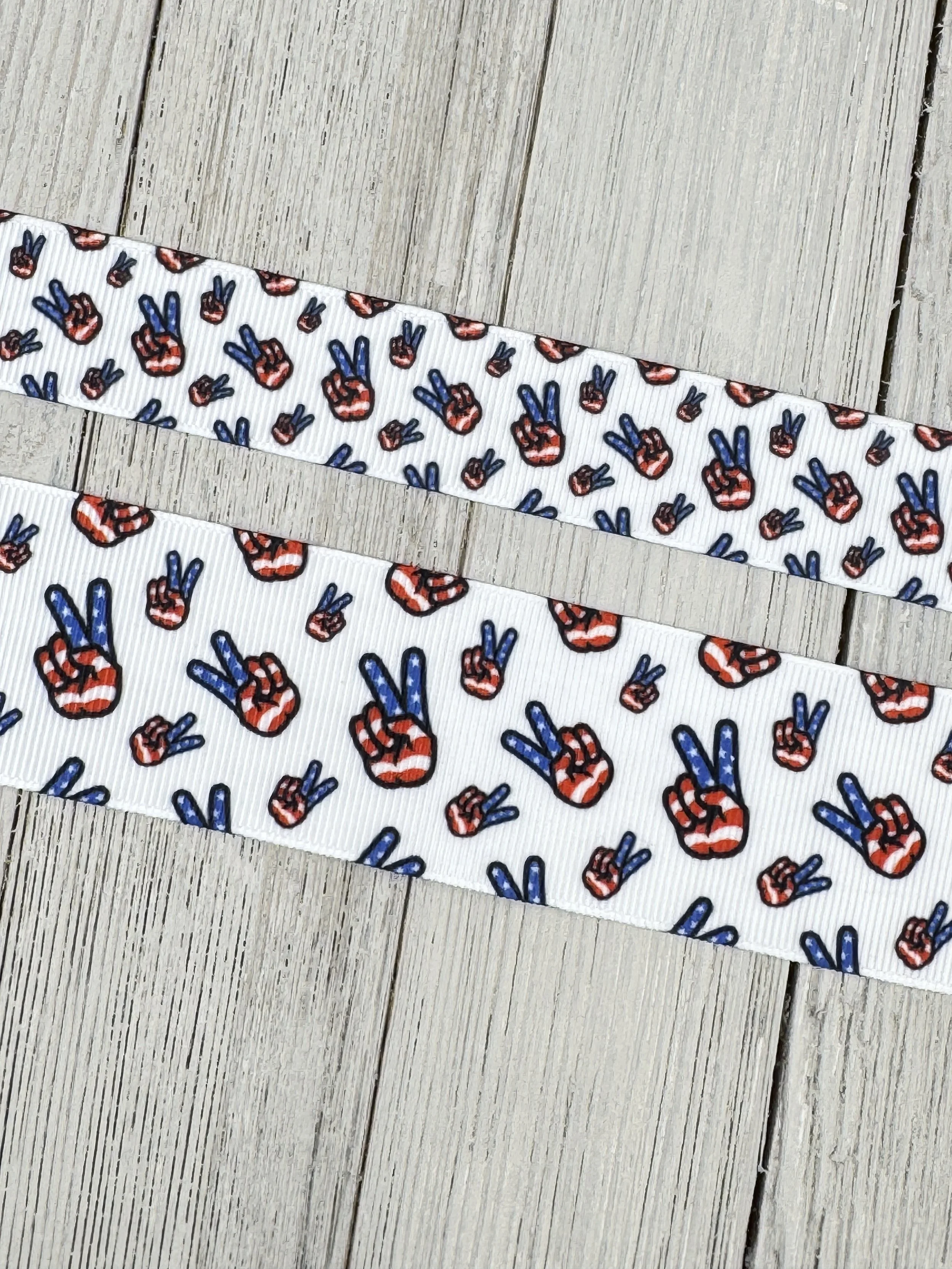 Patriotic Peace Sign American Flag Grosgrain Printed Ribbon: 7/8", 1.5",  Luggage Tag, Hair Bow, Wreath, Dog Collar