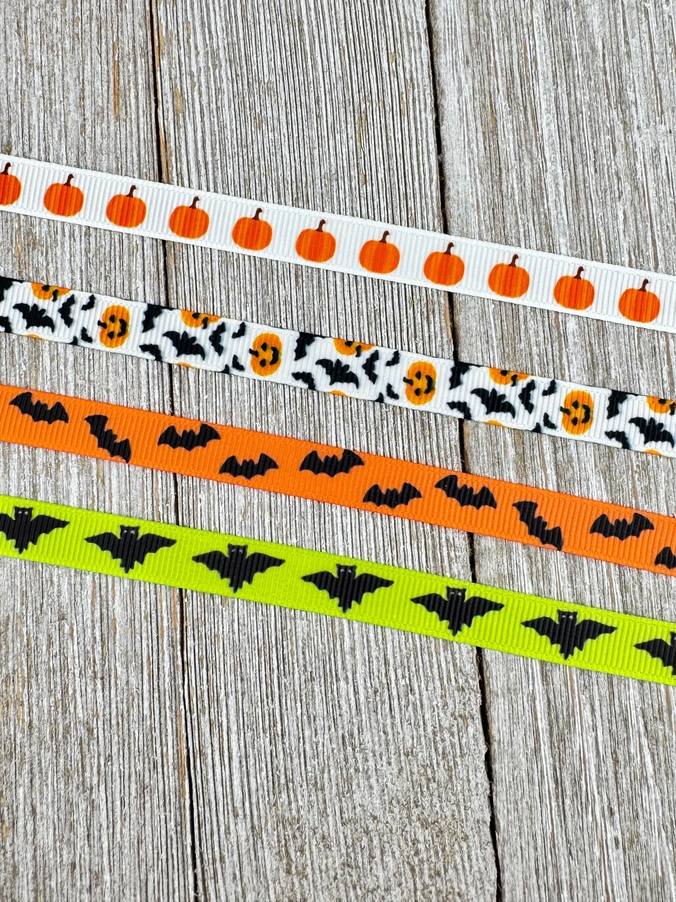 Choice 3/8” Black Bats Theme Halloween Printed On White Grosgrain Ribbon - Sew - Craft  - Party Favor - Gift Wrap - Trick Or Treat Bag