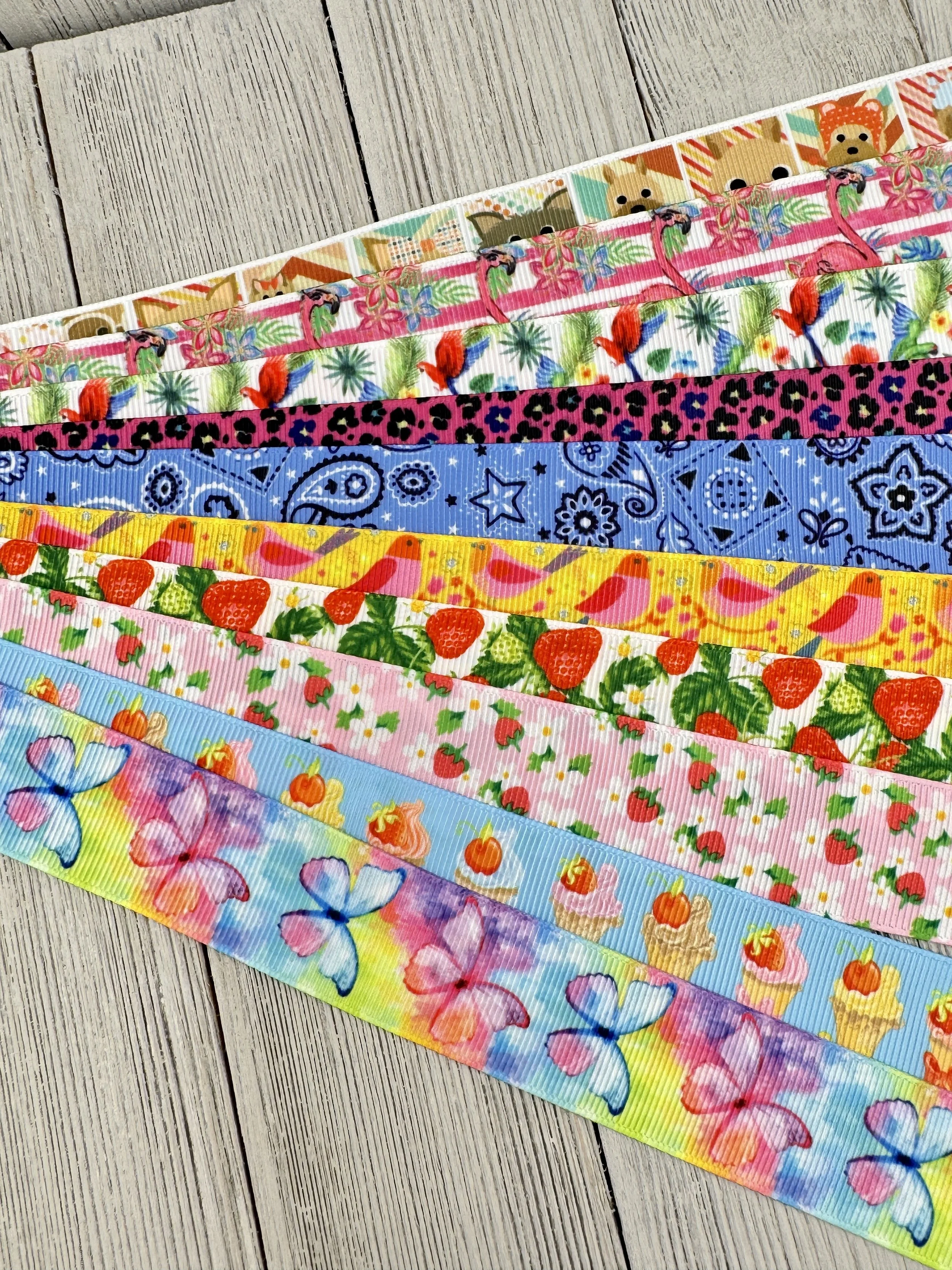 Get Exactly What You See! 10 - 1-Yard Cuts of 1" Holiday Summer Fun Assorted Grosgrain Printed Ribbon - Luggage Tag - Hair Bow - Gift Wrap