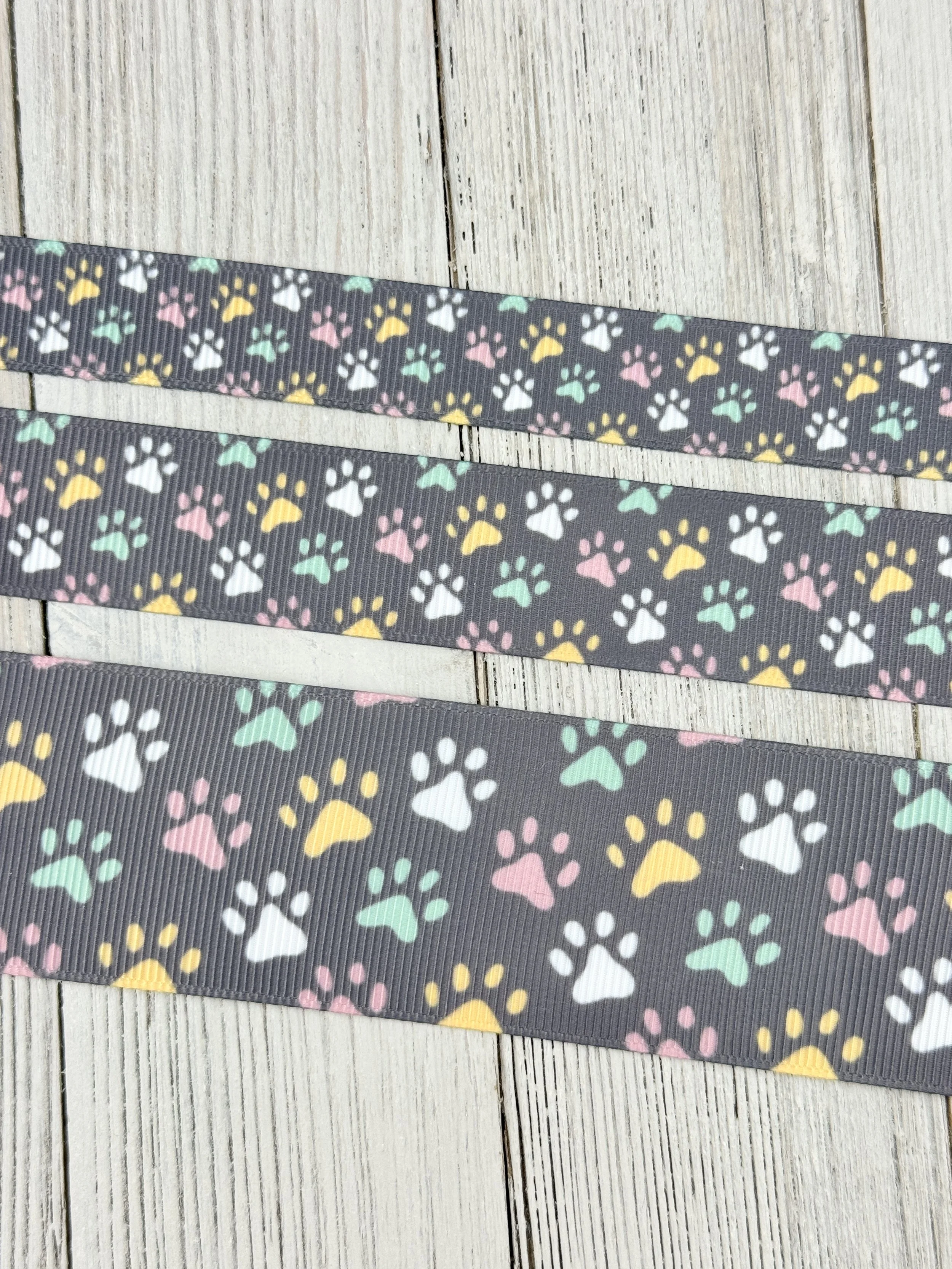 Pastel Puppy Dog Paws On Gray Printed Grosgrain Ribbon: 5/8", 7/8", 1.5", Dog Collar, Sewing Notion, Bow, Gift Wrap, Luggage Tag