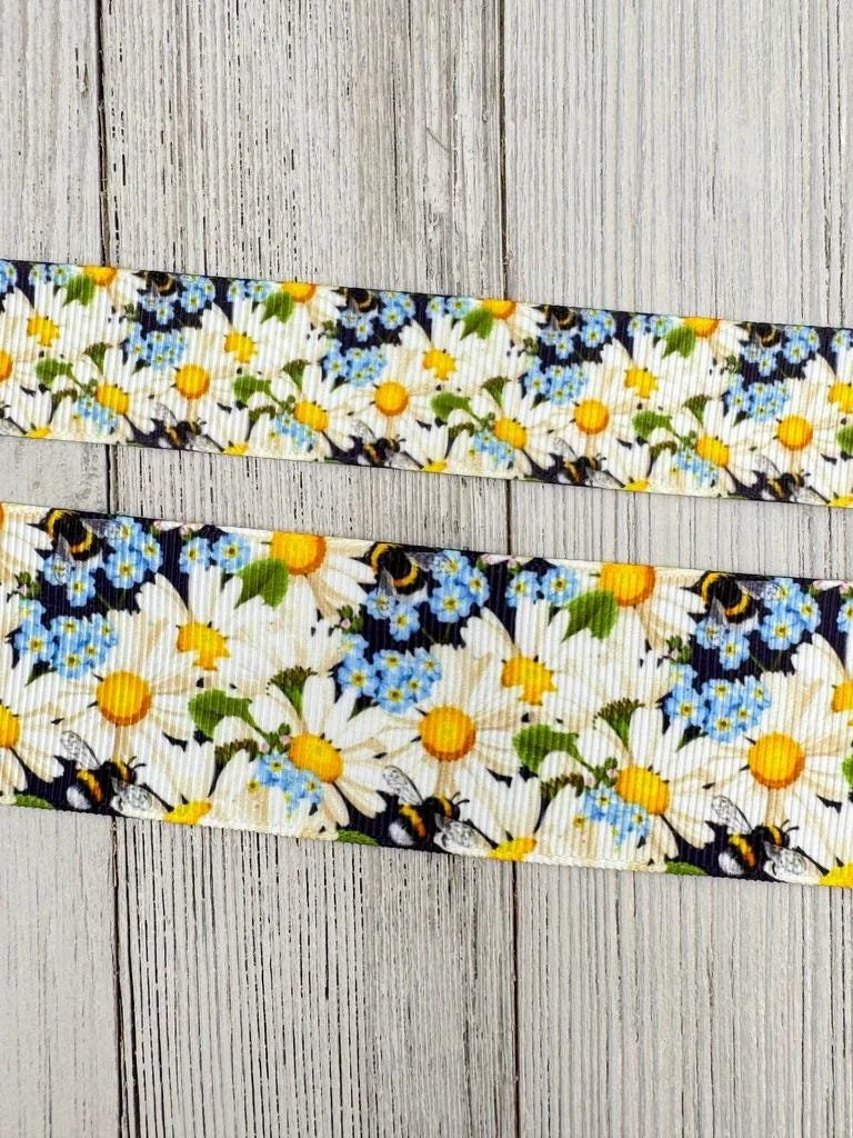 Daisies, Periwinkle & Bumble Bees Printed Grosgrain Ribbon: 7/8", 1.5", Sewing Notion, Wreath, Hair Bows, Collars, Wreaths