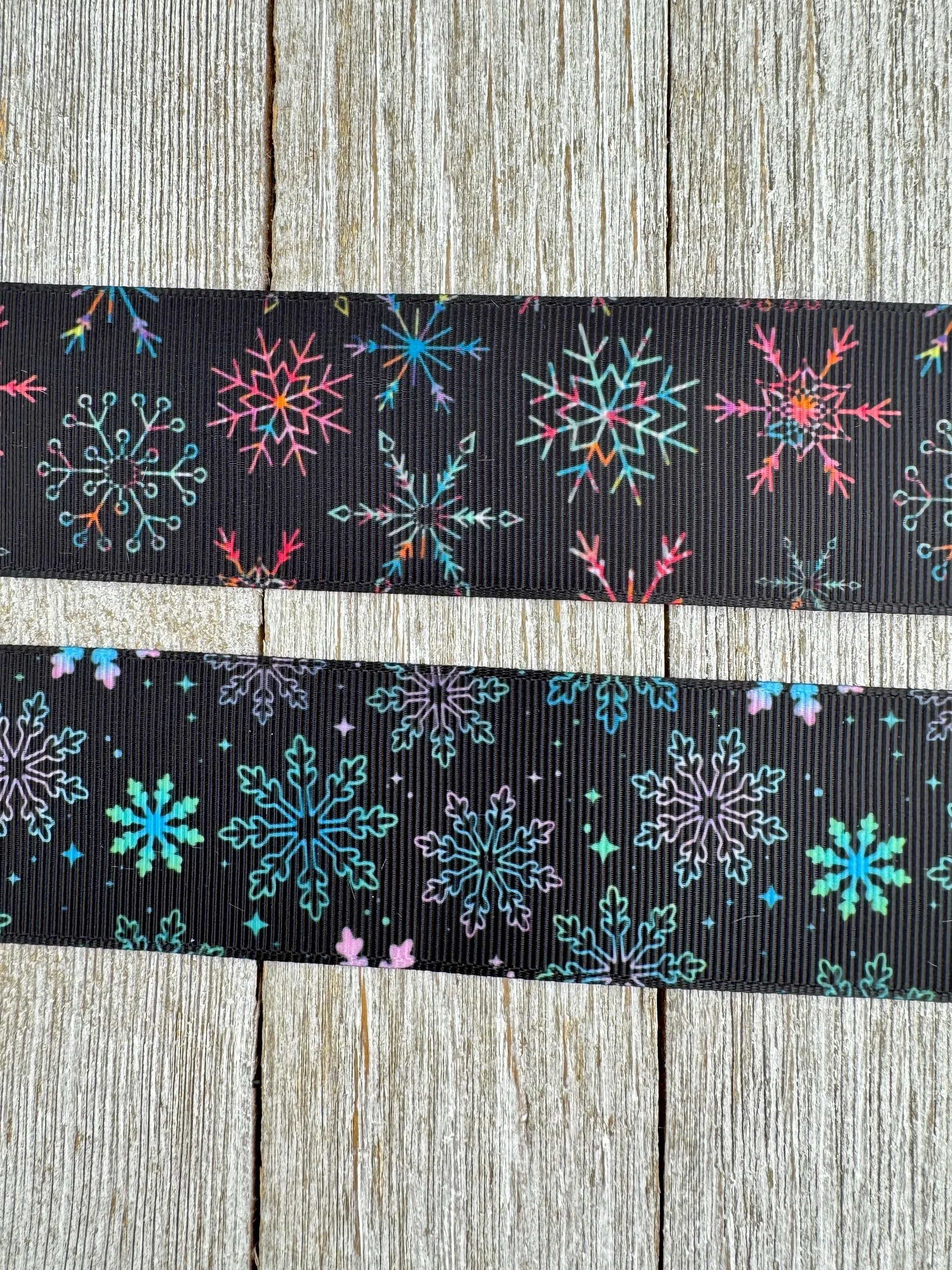 SALE!!!  Choice of 1.5" Snowflakes on Black Background Printed Grosgrain Ribbon - Sew - Craft - Tag - Hair Bow - Gift Wrap - Tree Decor