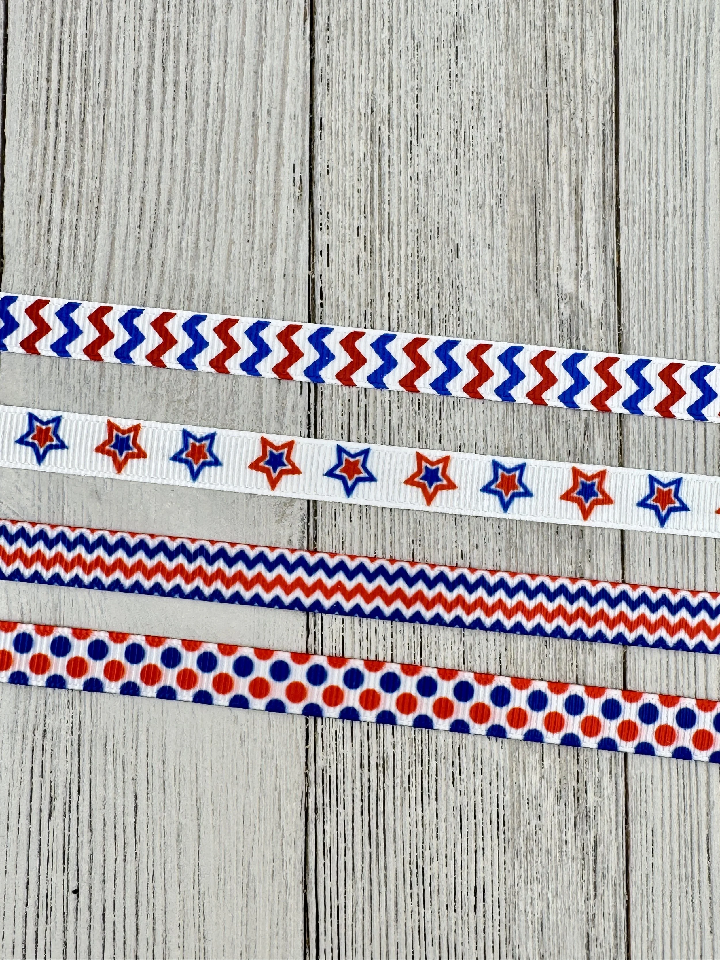 3/8" Choice of 4 Grosgrain Printed Ribbon: Patriotic Chevron, Stars, Polka Dots, Sewing Notion, Party Bag, Gift Wrap, Bike Streamer, Bow