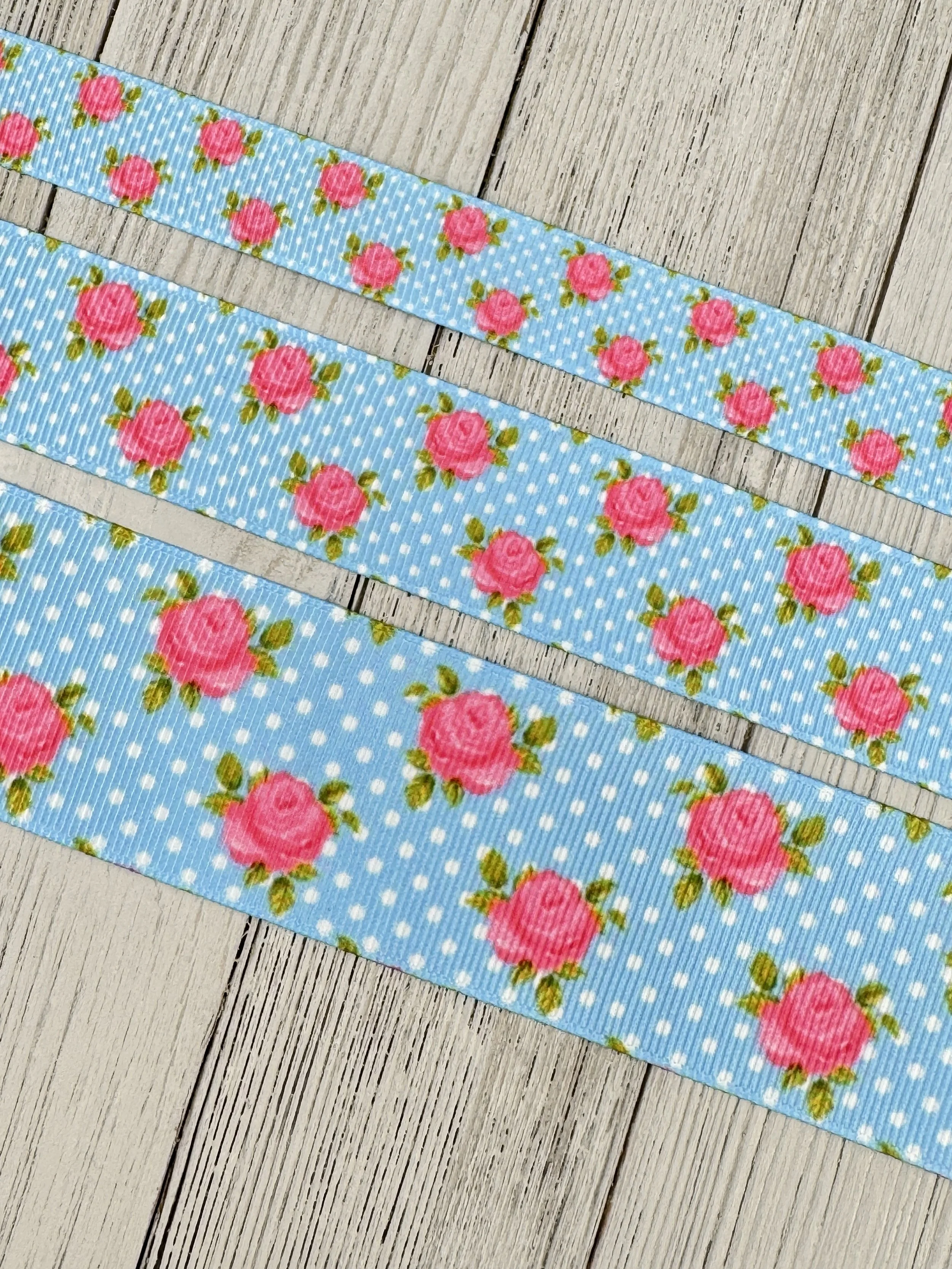 Lot 1 Pink Roses on Blue and White Dots Grosgrain Ribbon - 5/8" - 1" - 1.5" - Sew - Craft - Decor - Hair Ribbon - Hair Bow - Wrap