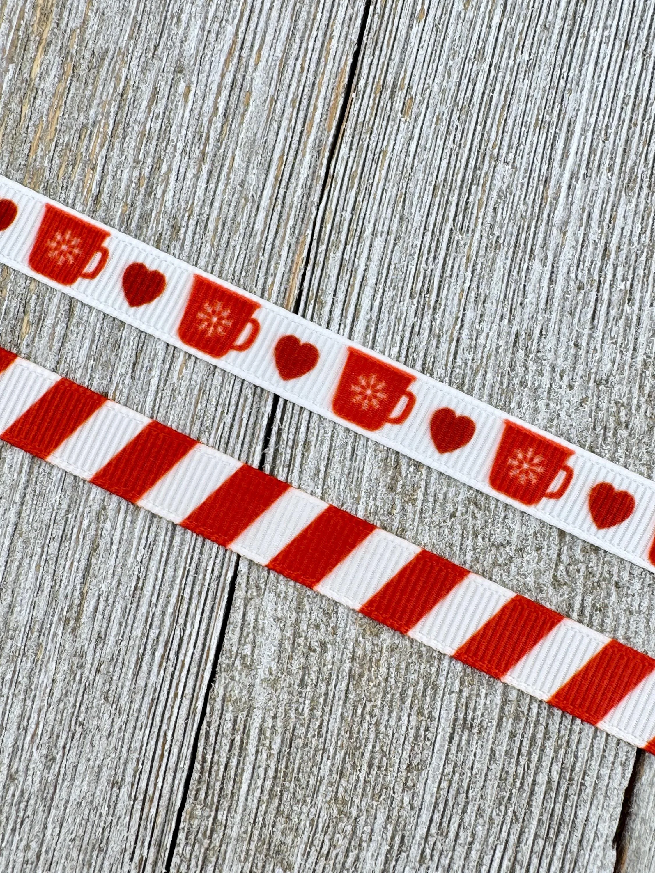 3/8" Choice Red Coffee Cup, Cocoa Mug With Hearts or Red & White Stripes Narrow Grosgrain: Valentine Ribbon, Christmas Ribbon