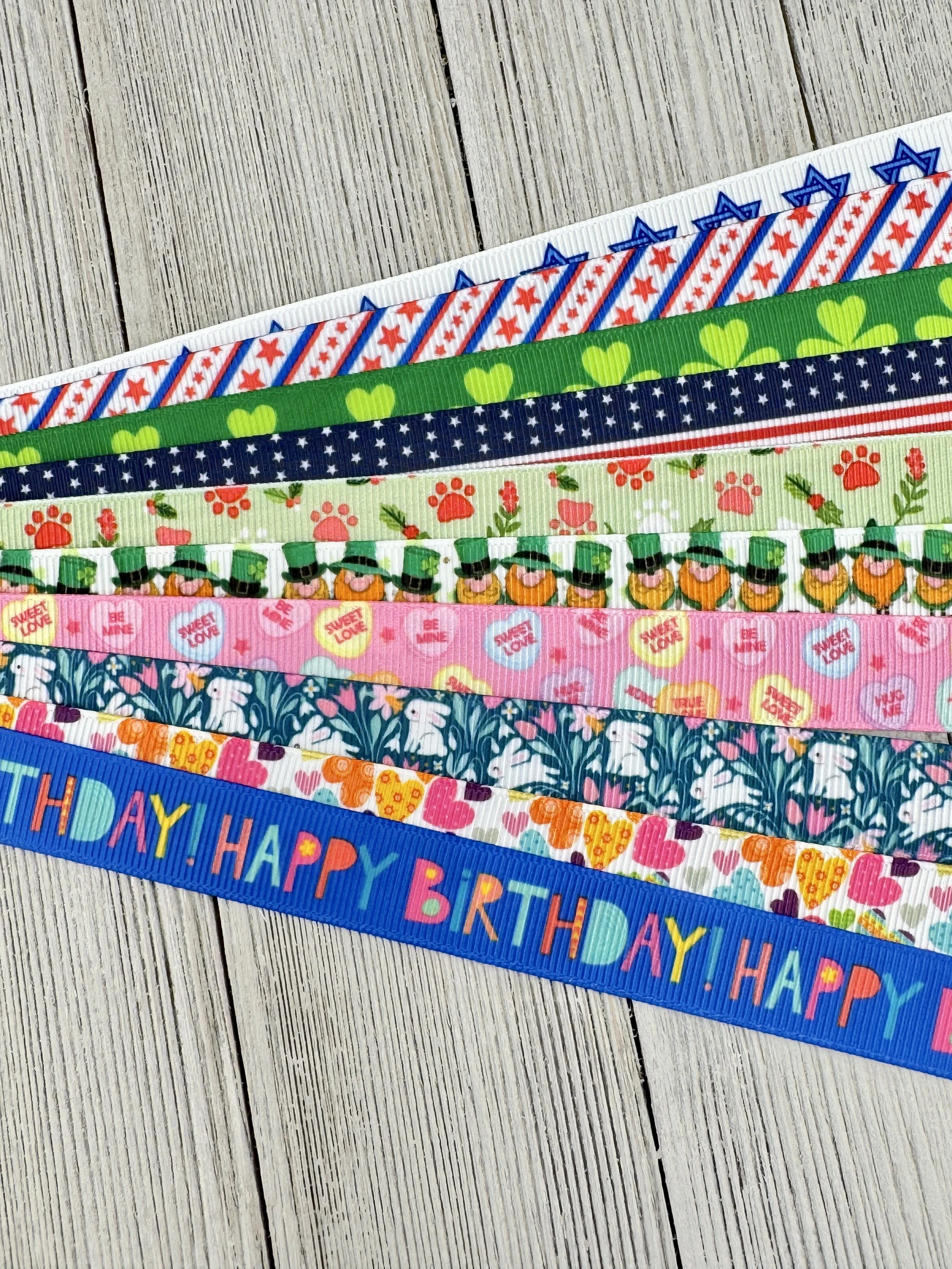 Get Exactly What You See! 10 x 1-Yard Cuts: 5/8" Holiday Mix. Birthday Ribbon, Hearts, Bunnies, Patriotic, Shamrock