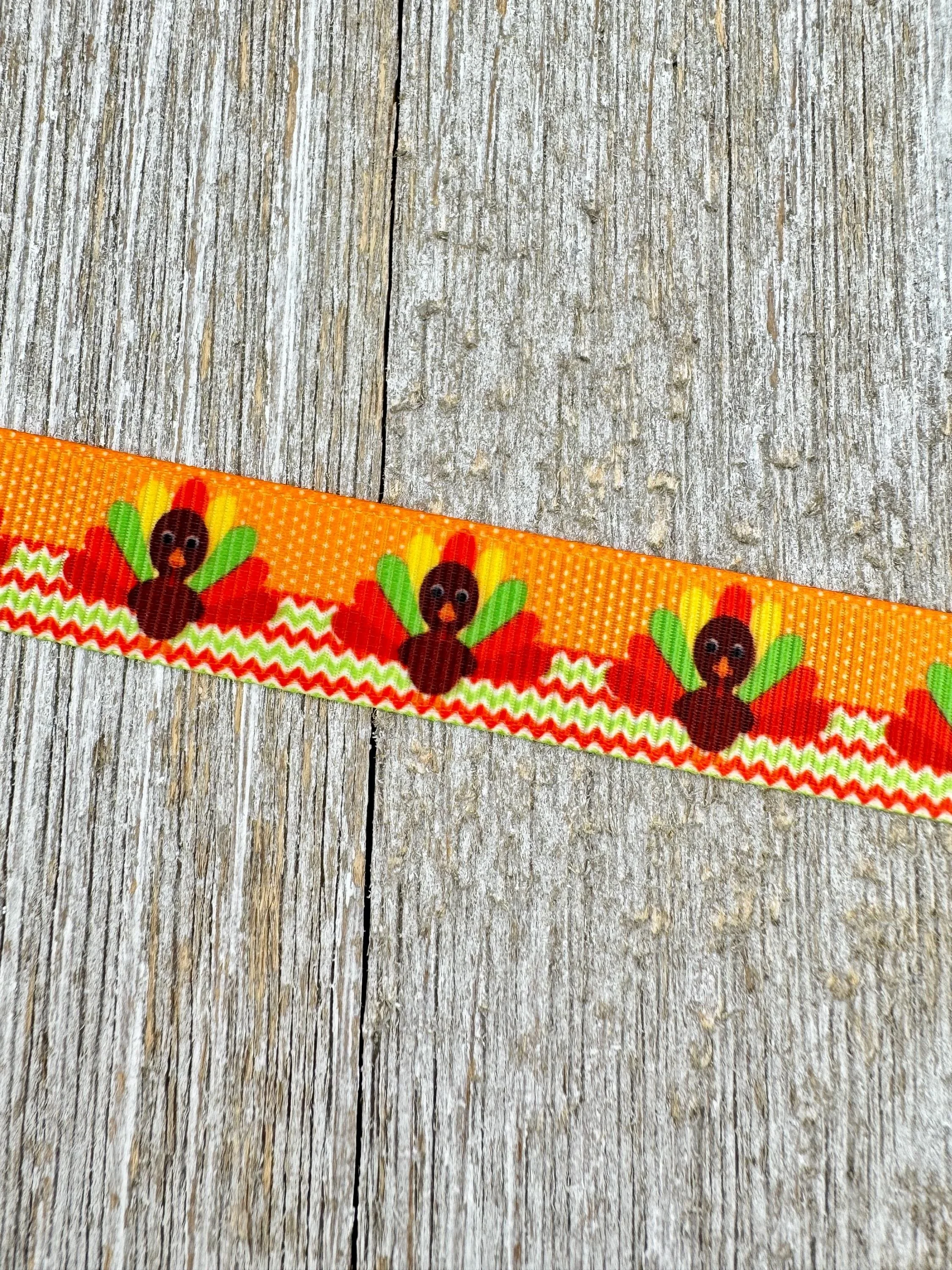 Lot 2 Thanksgiving Turkey On Orange With  Grosgrain Ribbon - 5/8" - Sewing - Crafting - Party Decor - Thanksgiving Turkey