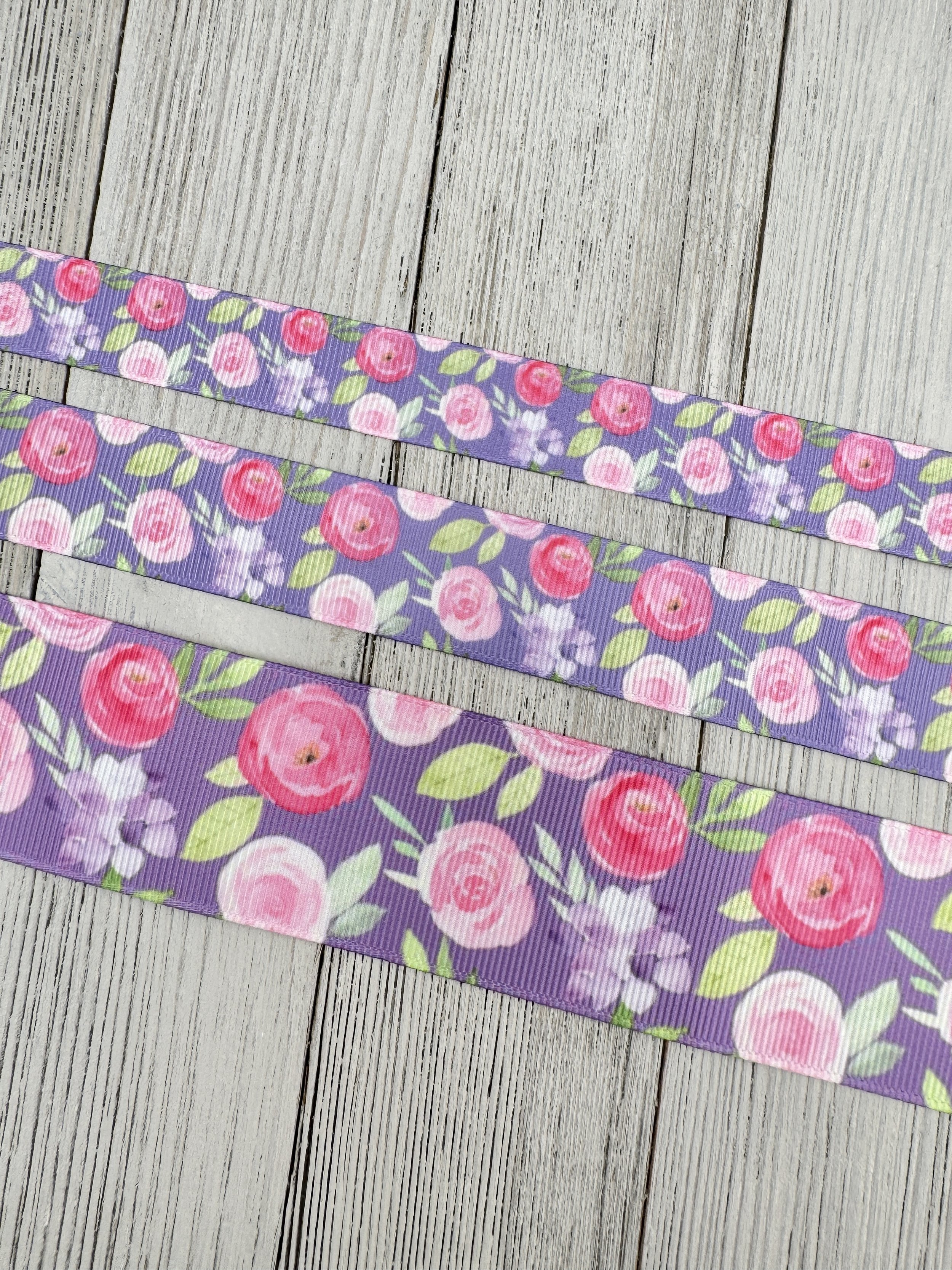 Lot 1 Pink & Purple Posies Grosgrain Printed Ribbon: 5/8”, 7/8”, 1.5”, Sewing Notions, Luggage Tag, Dog Collar, Key Fob, Hair Bow