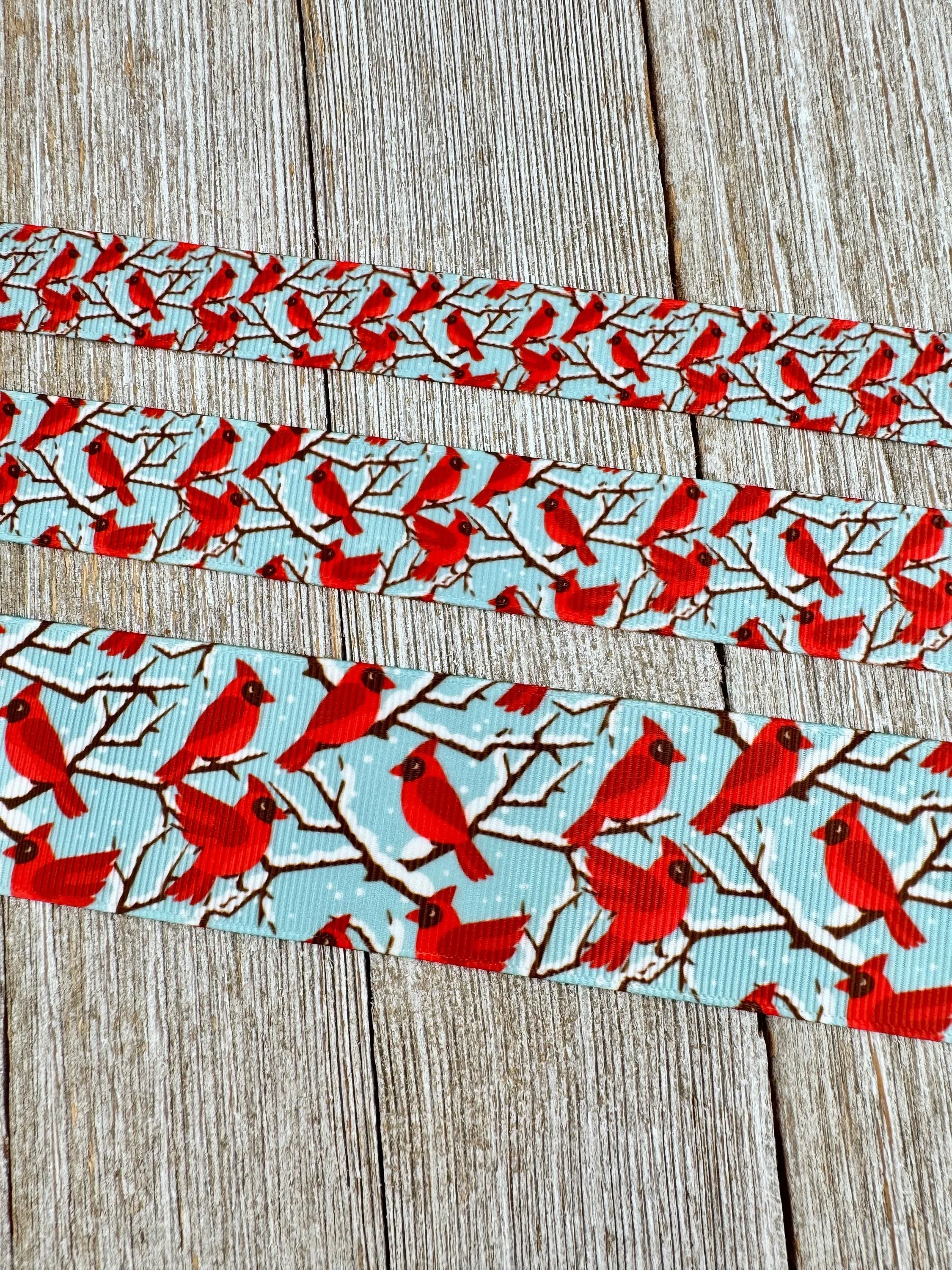 Winter Cardinals on Blue Printed Grosgrain Ribbon - 5/8” - 7/8” - 1.5” - Sew - Craft - Holiday Craft - Gift Wrap - Ornaments - Decor