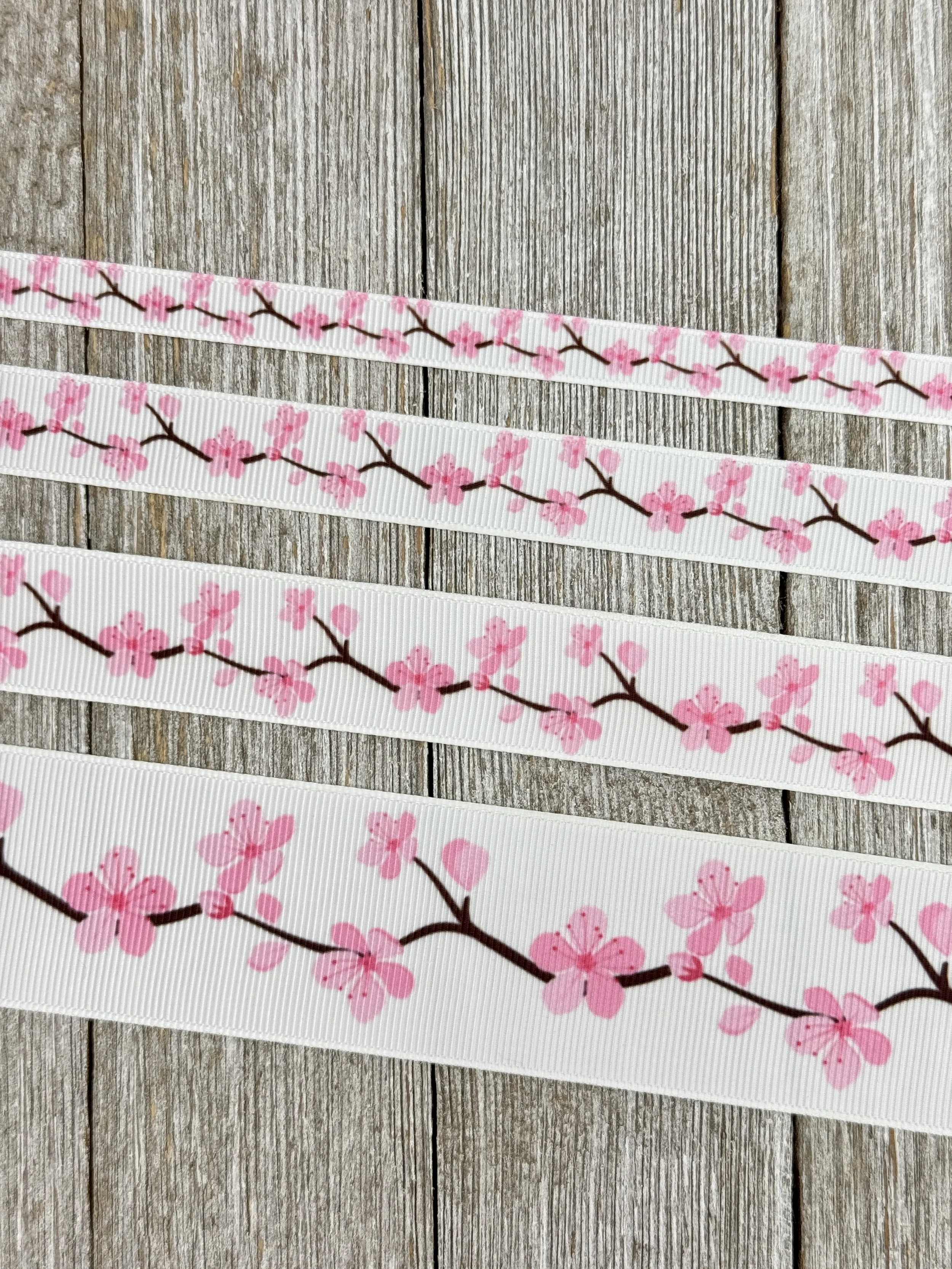 Pink Cherry Blossoms Print Printed On White Grosgrain Ribbon: 3/8", 5/8", 7/8", 1.5", Bow, Collar, Gift Wrap