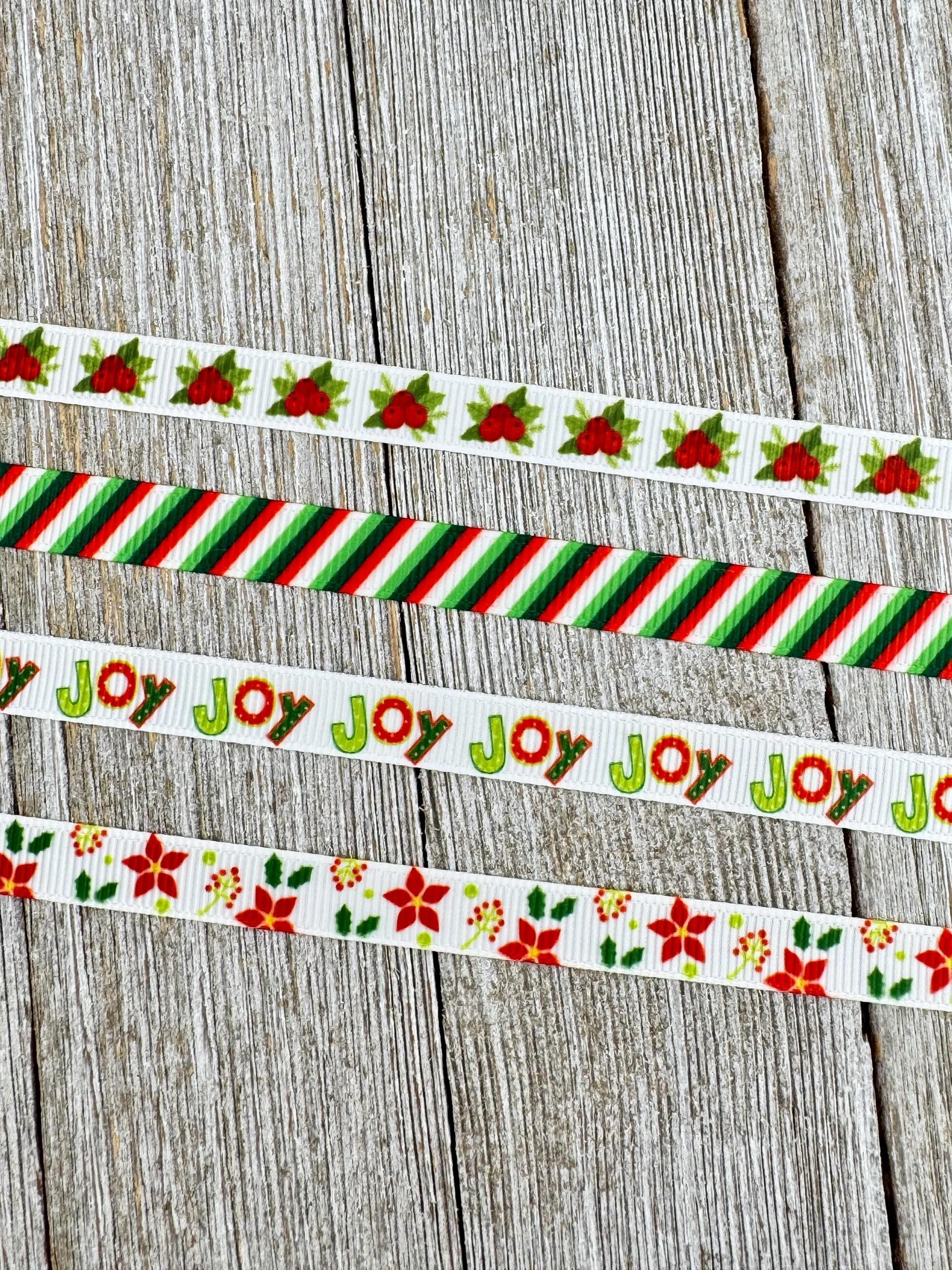 3/8" Choice Holly Berry, Tri-Color Stripes, Joy & Poinsettia Printed Grosgrain Christmas Ribbon: Narrow Ribbon, Sewing Notion, Gift Wrap