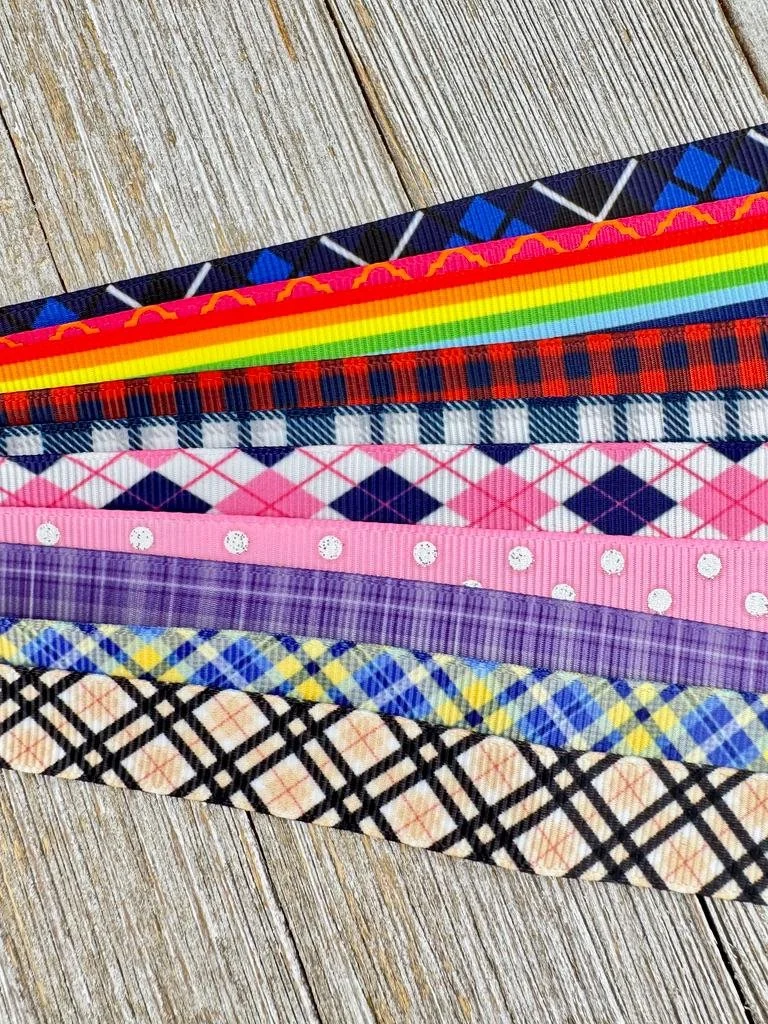 Get Exactly What You See! 10 - 1-Yard Cuts of 5/8" Stripes Plaids Dot Assorted Grosgrain Printed Ribbon - Tag- Wrap - Hair Bow - Trim - Band