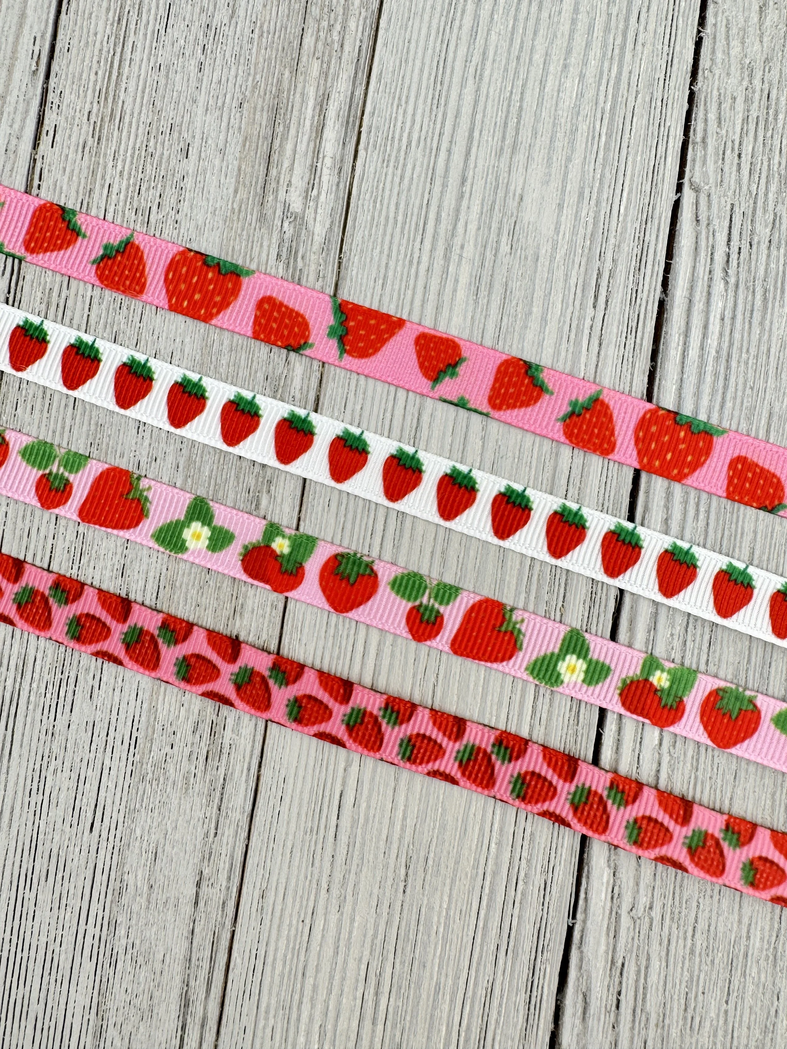 3/8" Width - Choice of Four Strawberry Printed Grosgrain Ribbon - Sew- Craft -  Decor - Gift Wrap - Tags - Hair Bow - Streamer