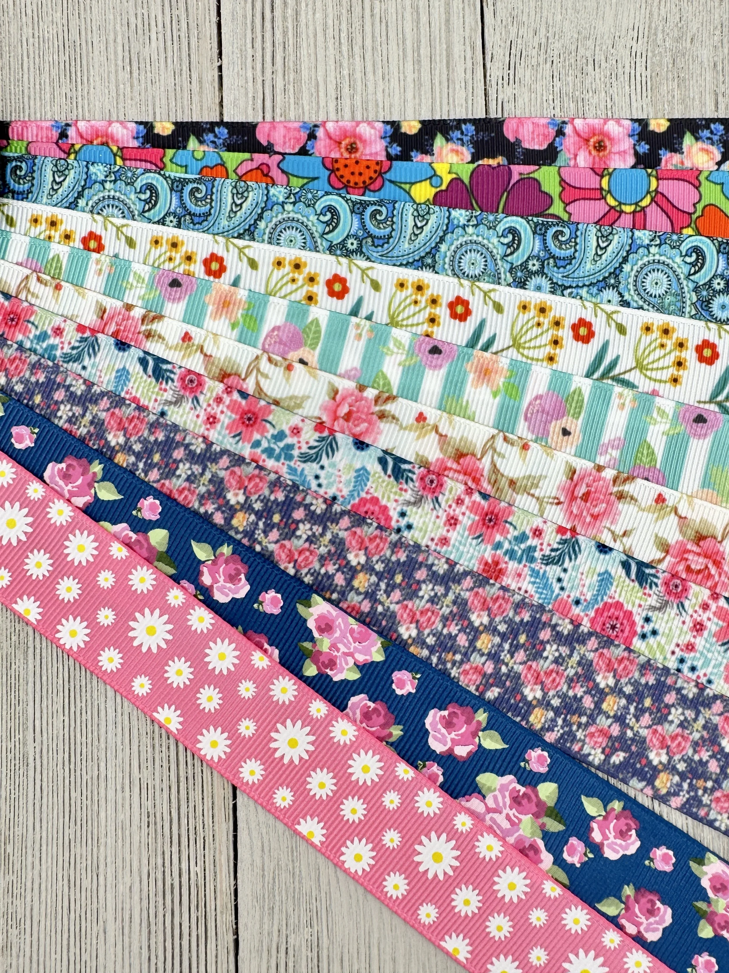 Get Exactly What You See! 10 - 1-Yard Cuts of 7/8"- Floral Flower Printed Assorted Grosgrain Ribbon - Craft  - Hair Bow - Luggage Tag - Wrap