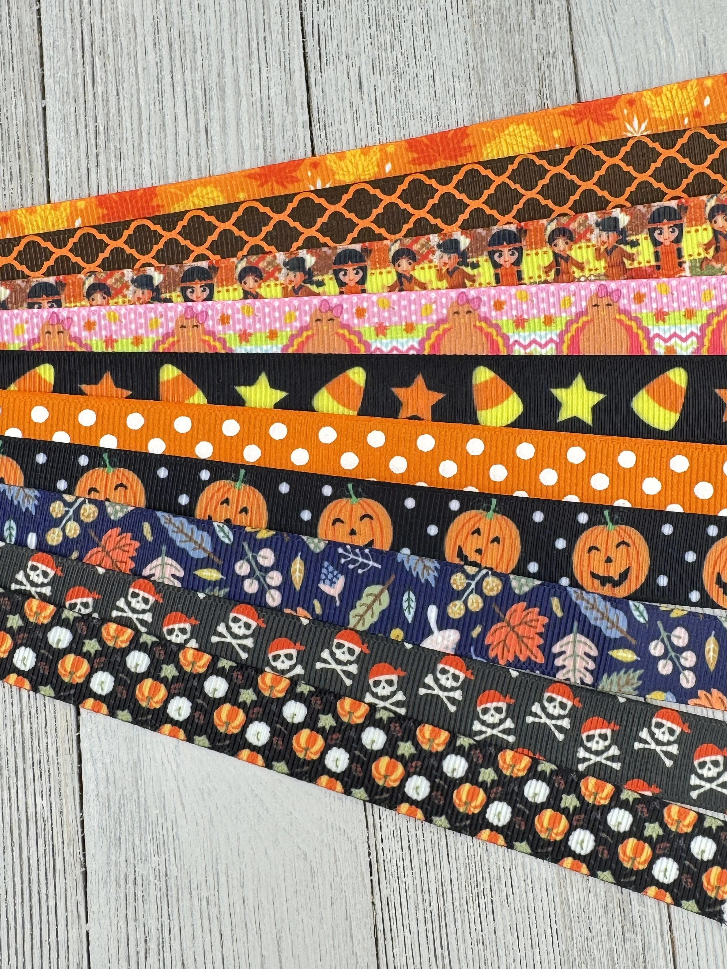 Get Exactly What You See! 10 x 1-Yard Cuts Printed Grosgrain Ribbon: 5/8", Fall & Halloween Holiday Mix, Dog Collar, Hair Bow, Gift Wrap