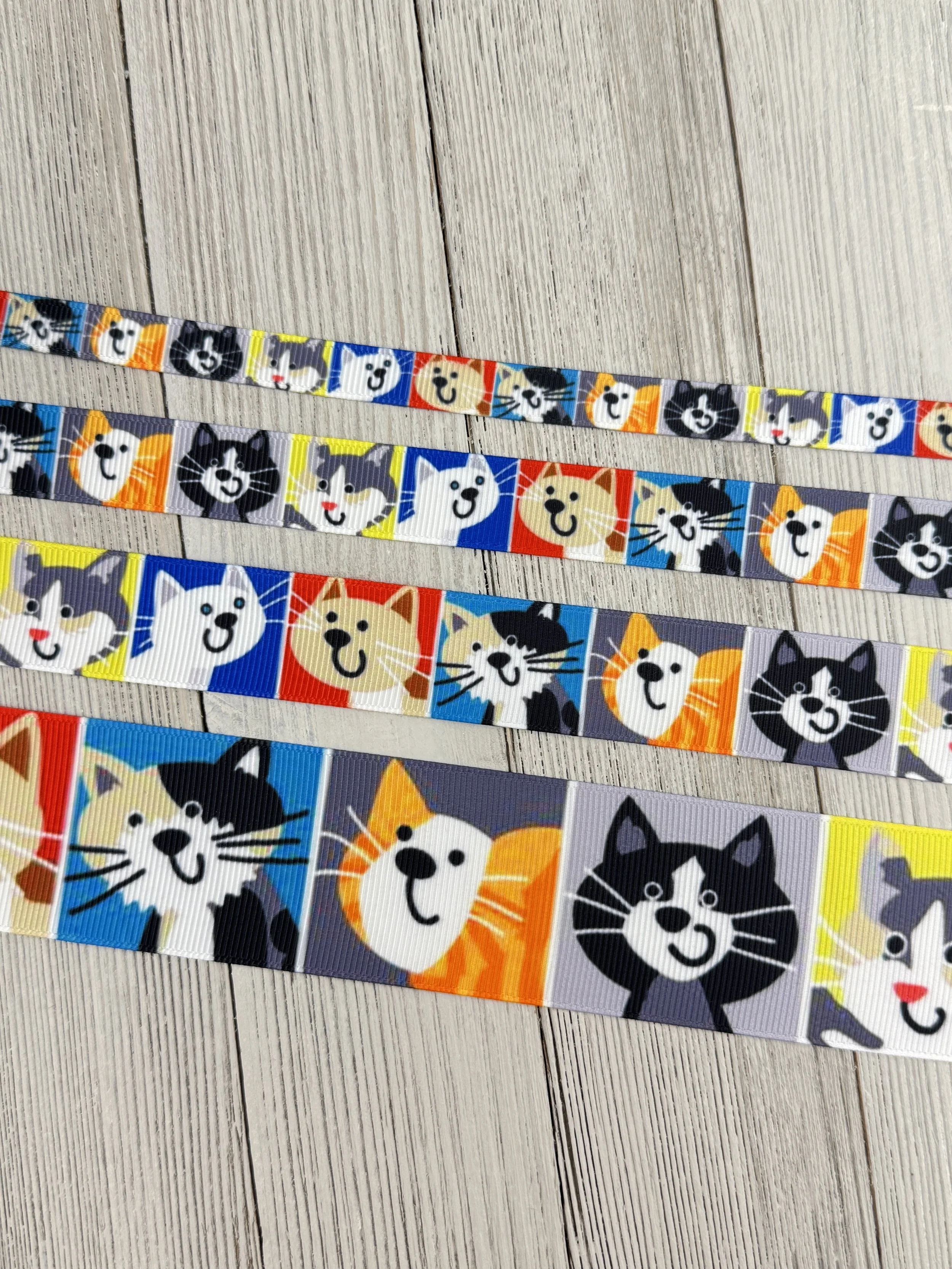Cartoon Cat Kitten Face Printed Grosgrain Ribbon: 3/8", 5/8", 7/8", 1.5" - Sew, Craft, Kitty Toy, Cat Collar, Luggage Tag, Cat Lady