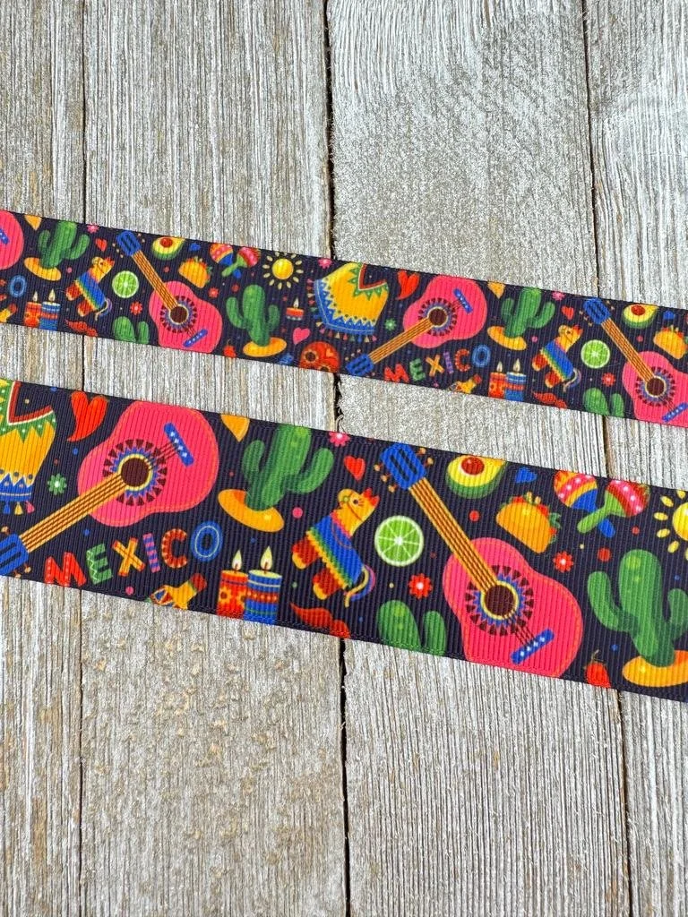 Mexican Fiesta Cinco de Mayo On Black Printed Grosgrain Ribbon - 7/8 - 1.5 Inch - Sewing - Crafting - Party Decor - Bow