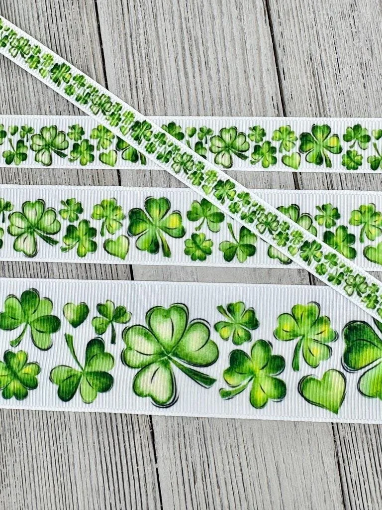 Green Shamrocks On White Grosgrain Printed Ribbon: 3/8", 5/8", 7/8",  1.5", Irish, Ireland, Dog Collar, Hair Bow, Hat Band, Costume