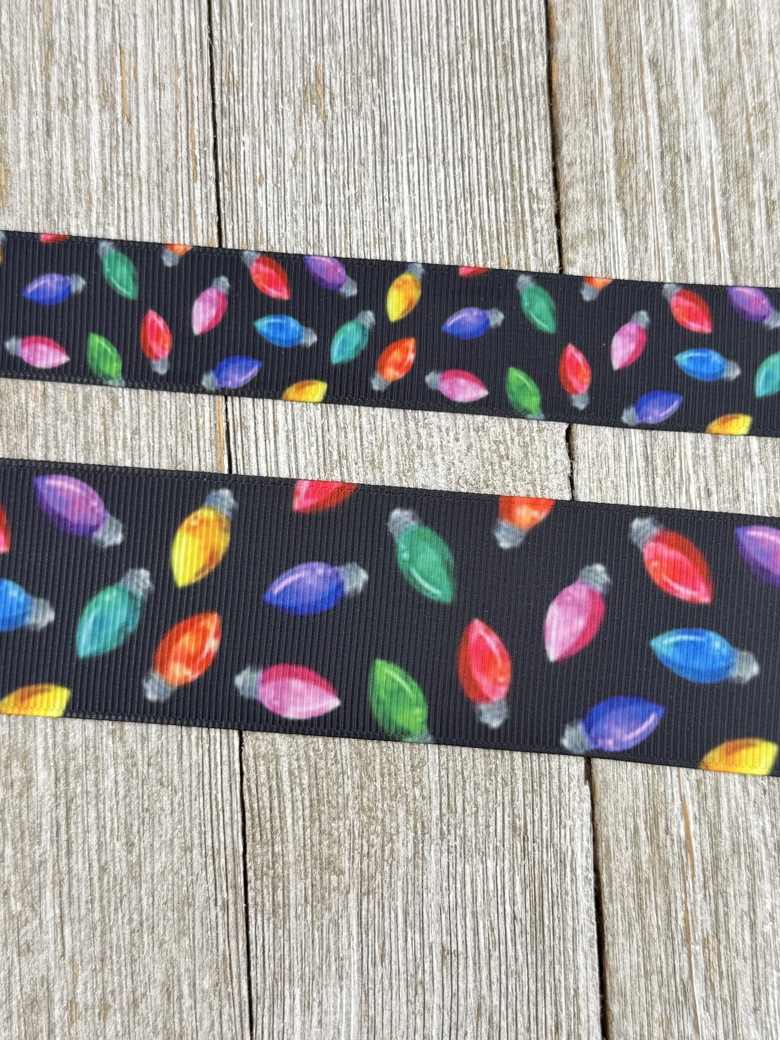 Christmas Tree Lights On Black Grosgrain Printed Ribbon: 7/8", 1.5", Holiday Decor, Gift Wrap, Hair Bow