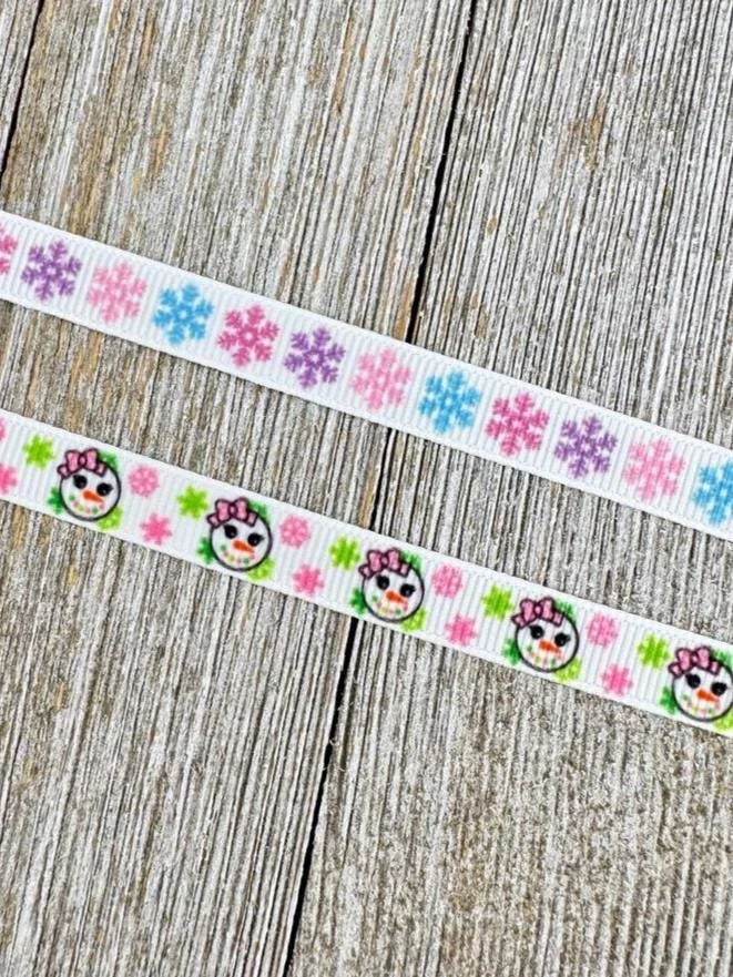 3/8" Choice of Pastel Snowflakes or Pink & Green Snowman Girl Christmas Ribbon Printed Grosgrain: Narrow Ribbon, Gift Wrap, Sewing Notions