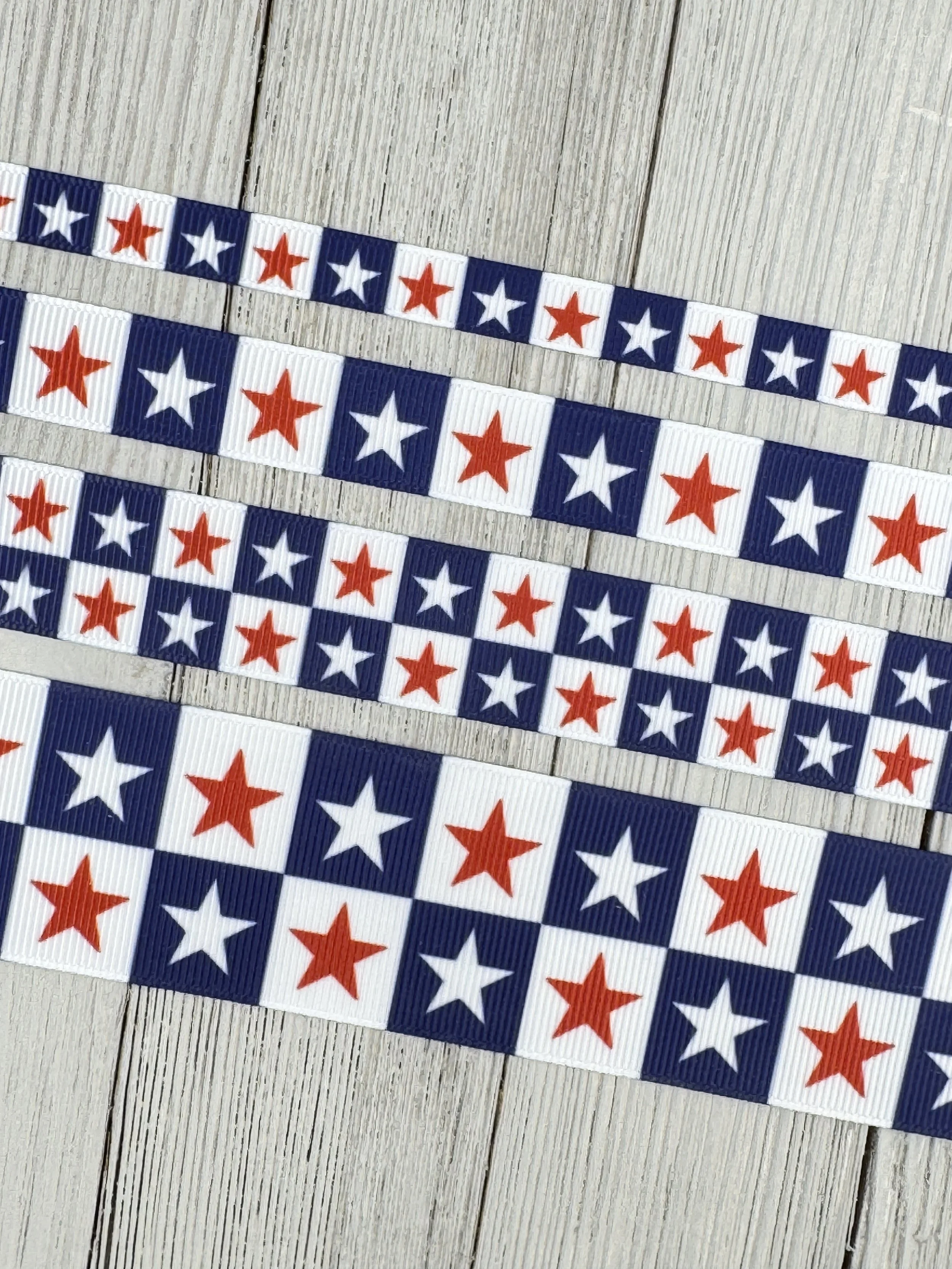 Patriotic Stars American Flag Check Grosgrain Printed Ribbon: 3/8", 5/8", 7/8", 1.5",  Luggage Tag, Hair Bow, Wreath, Dog Collar