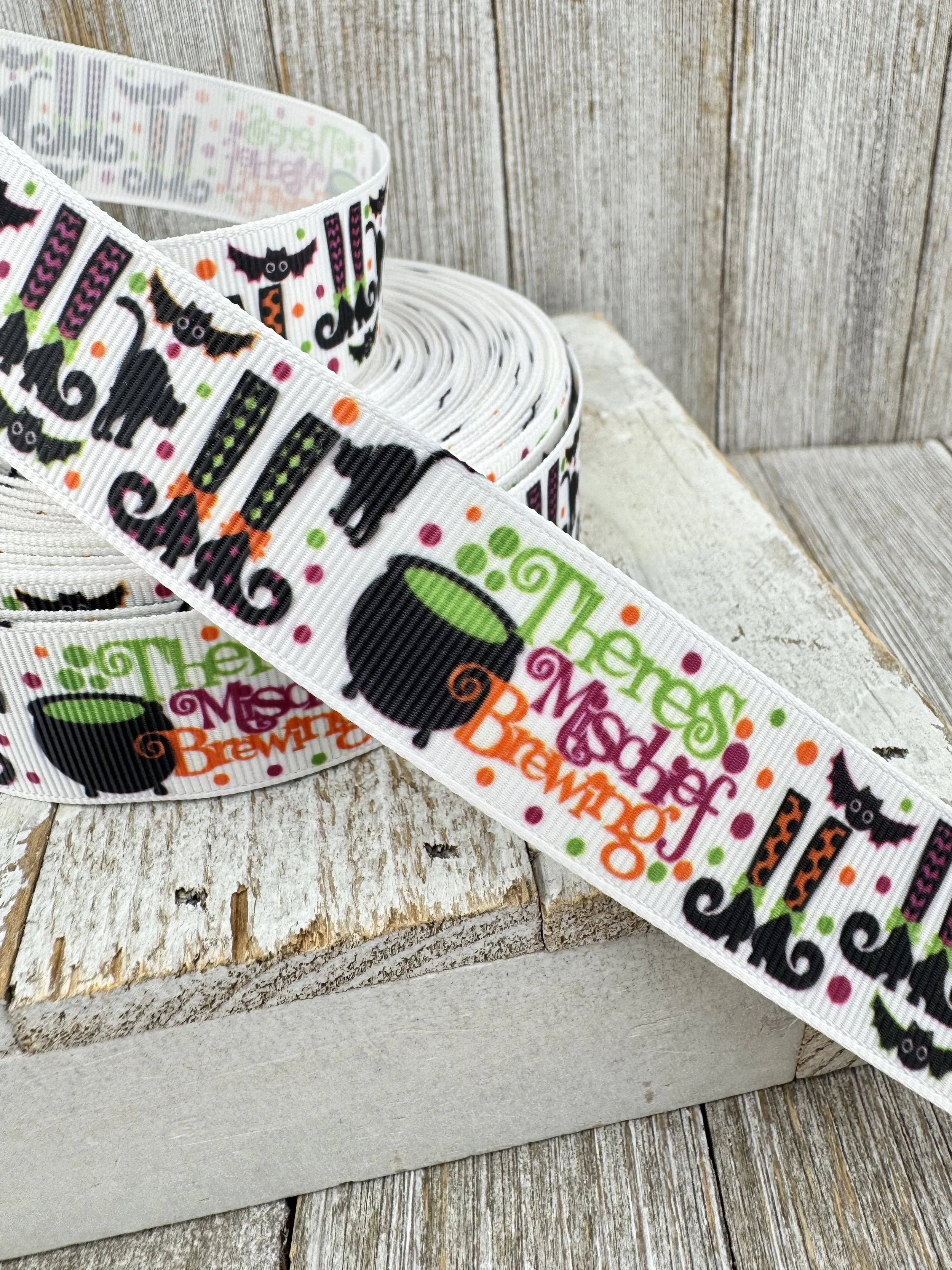 SALE! 3 and 5 Yards Halloween "There's Mischief Brewing" Witch Cat Cauldron Printed Grosgrain Ribbon -  7/8" - 1" - Sewing - Craft - Decor - Bow