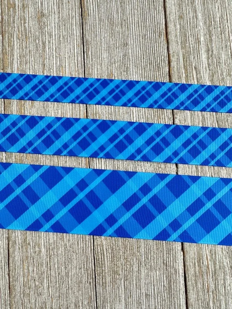 Cerulean Blue Plaid Grosgrain Printed Ribbon: 5/8", 7/8", 1.5", Craft Ribbon, Hair Bow, Dog Collar, Diaper Cake, Luggage Tag, Diaper Cake