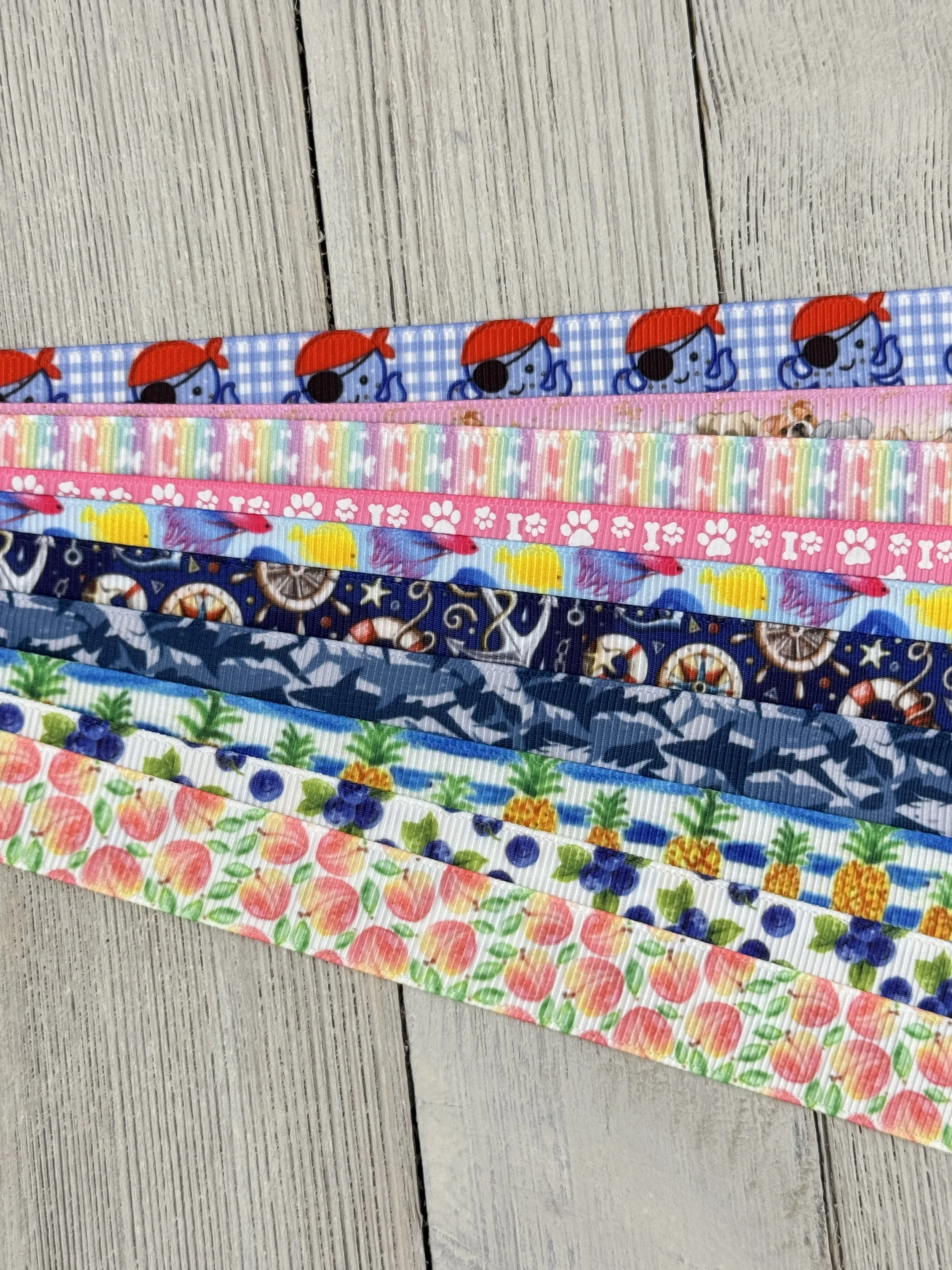 Get Exactly What You See! 10 x 1-Yard Cuts Printed Ribbon: 5/8" Summer Fun, Fruit, Animal, Nautical, Bow, Dog Collar, Luggage Tag, Gift Wrap