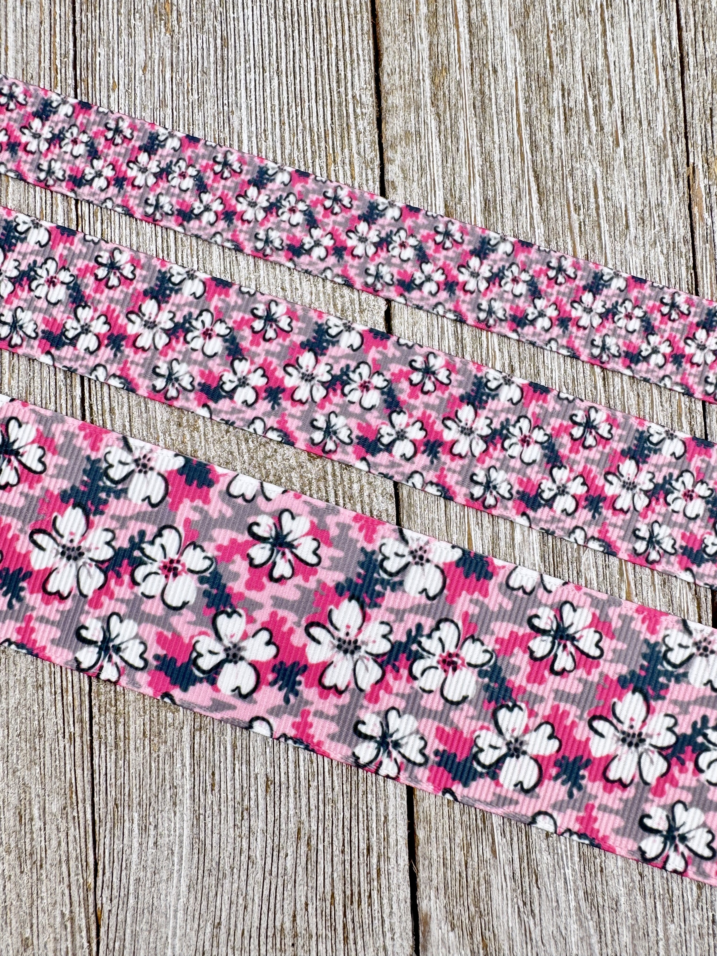 Hibiscus On Pink Camouflage Printed Grosgrain Ribbon - 5/8 -  7/8" - 1.5" - Hair Bow - Dog Collar - Luggage Tag - Gift Wrap - Luau Decor