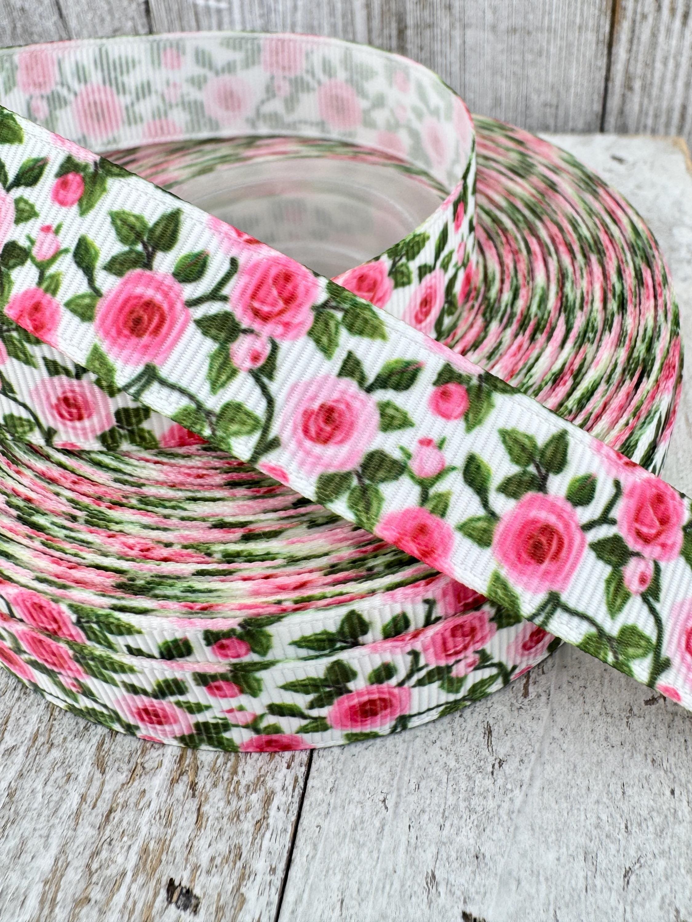 Lot 1 Pink Rose Rose Bud Floral Print Grosgrain Ribbon: 5/8", Sew, Craft, Hair Bow, Gender Reveal, Tea Party, Tag, Gift Wrap, Table Decor