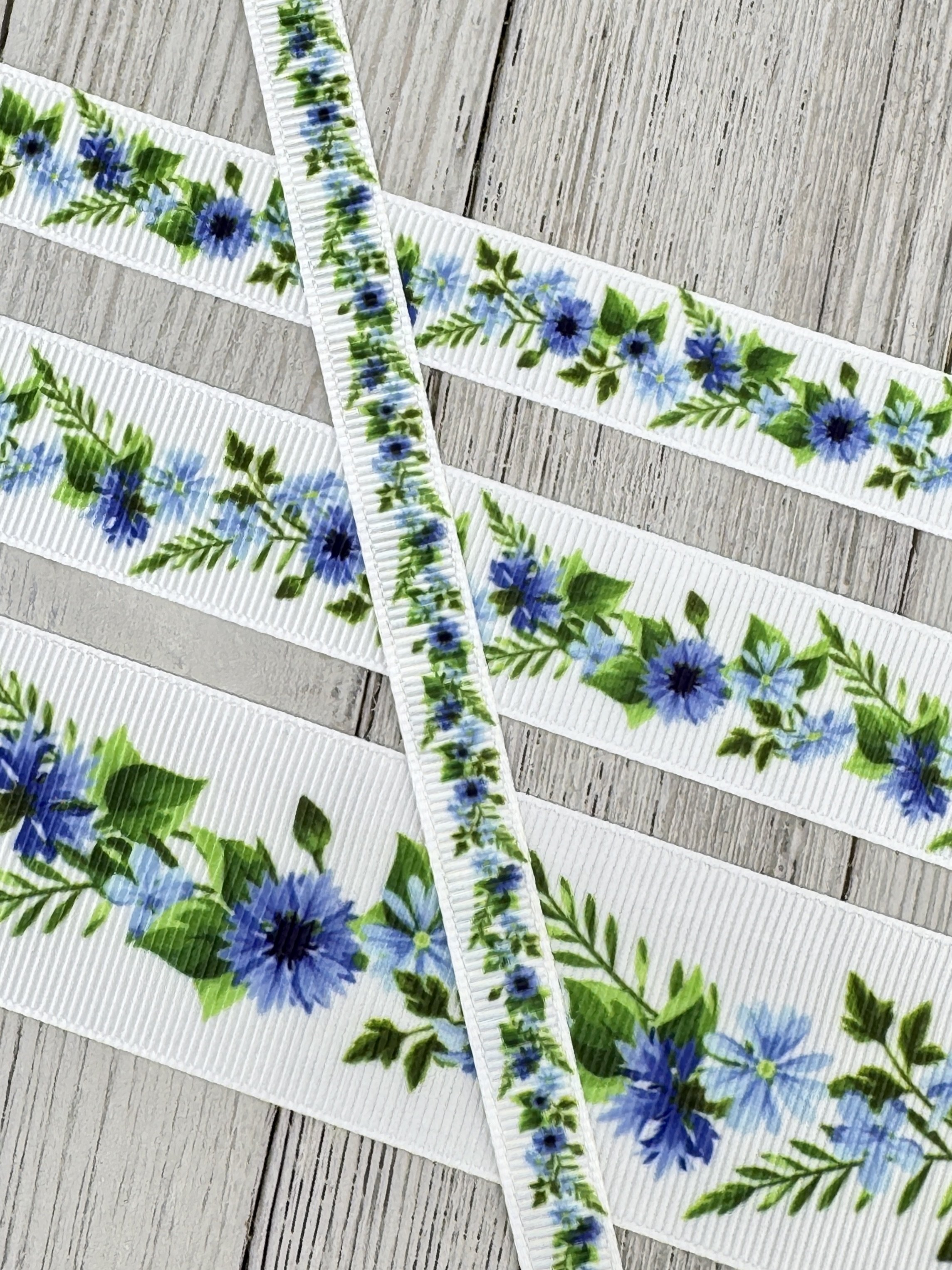 Petite Blue Flower & Greenery Grosgrain Printed Ribbon: 3/8", 5/8", 7/8", 1.5", Hair Bow, Dog Collar, Luggage Tag, Gift Wrap, Wreath