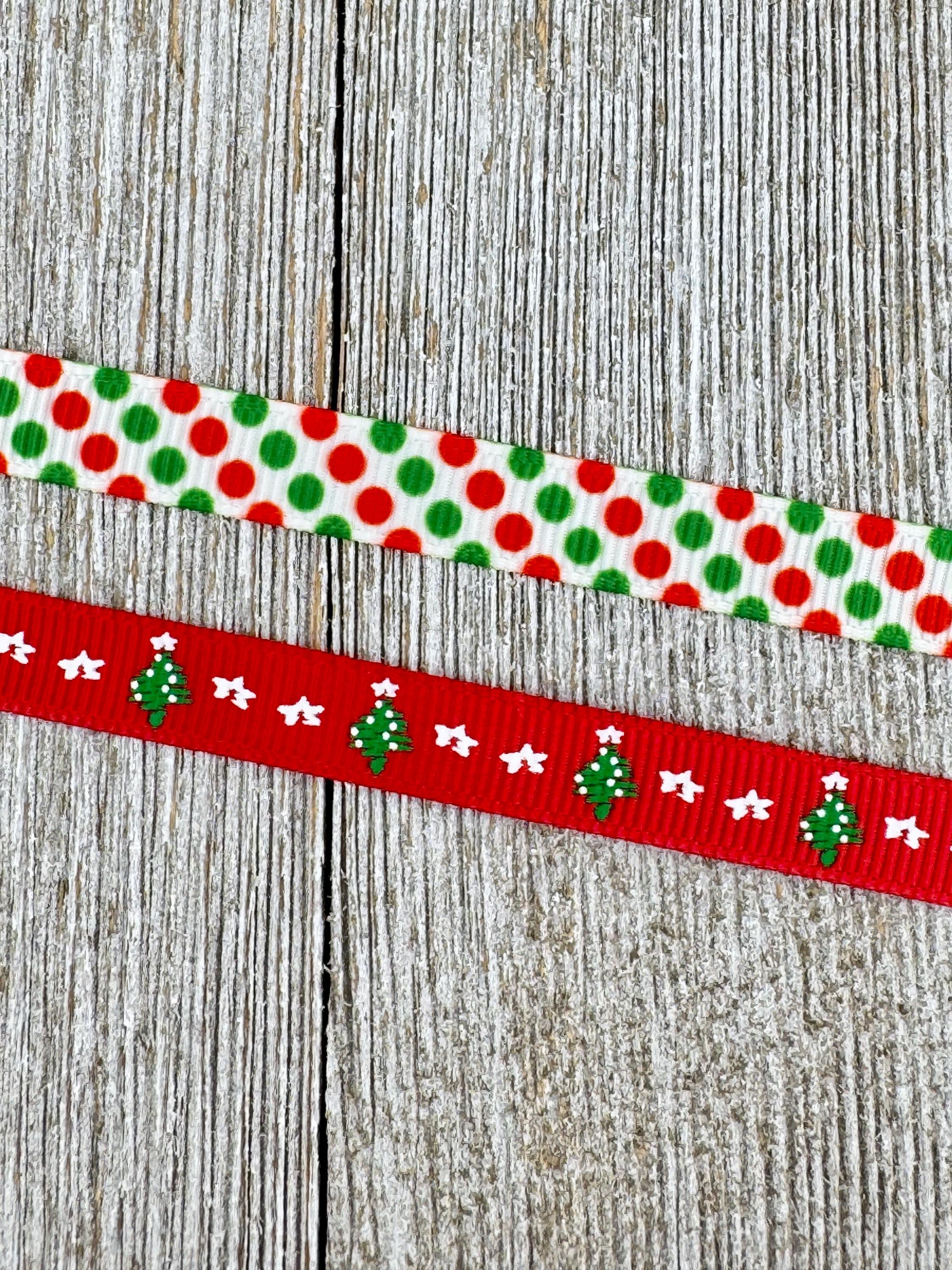 3/8" Choice of Polka Dot Christmas Ribbon or Trees & Snowflakes Printed Grosgrain Ribbon:  Narrow Grosgrain, Gift Wrap, Sewing Notions