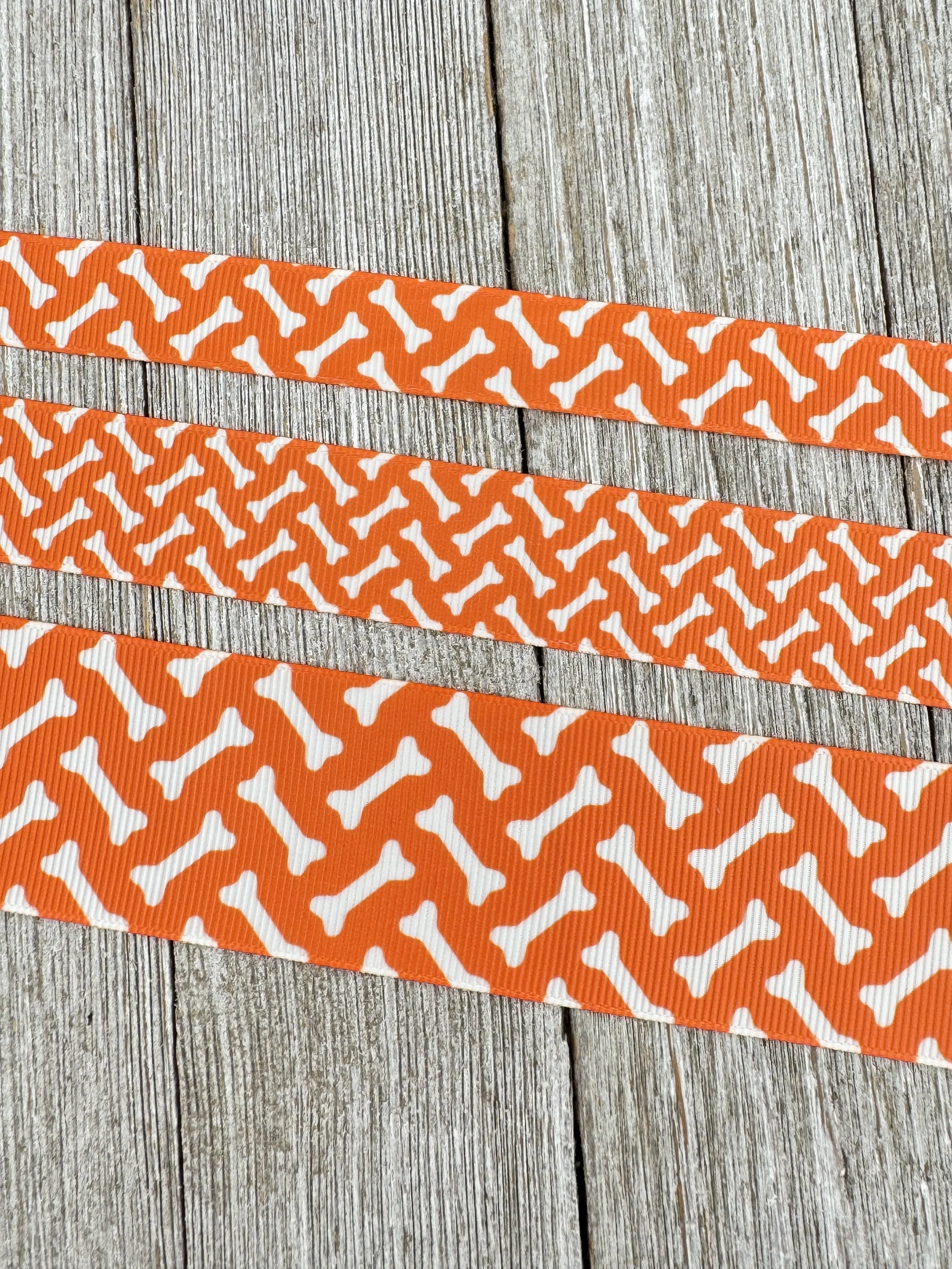 White Dog Bones On Deep Orange Background Grosgrain Printed Ribbon: 7/8", 1.5", Dog Collar, Sport Team Gift Wrap