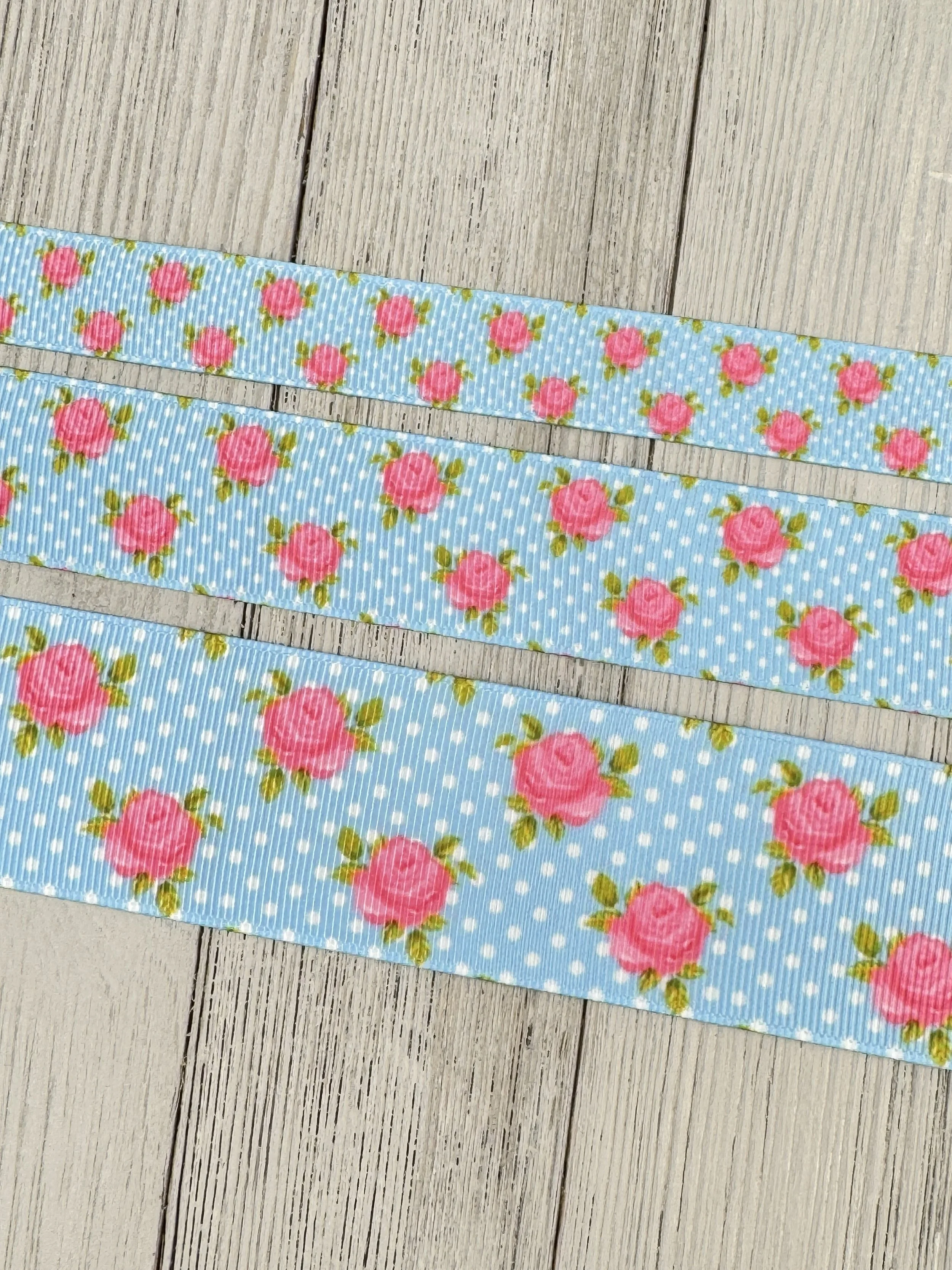 Lot 2 Pink Roses on Light Blue and White Dots Grosgrain Ribbon - 5/8" - 1" - 1.5" - Sew - Craft - Decor - Hair Ribbon - Hair Bow - Wrap