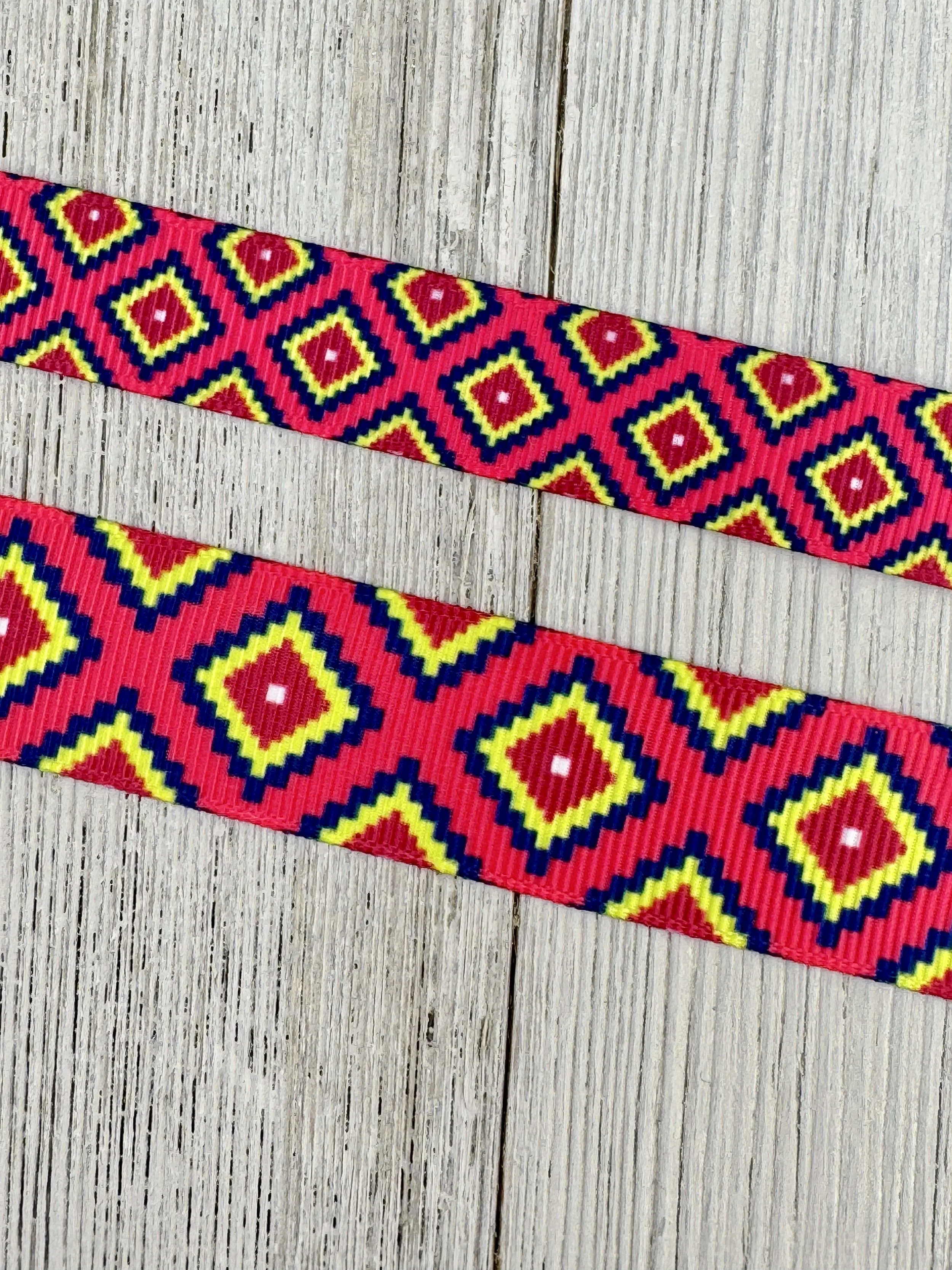 Geometric Yellow Diamonds On Pink Background Grosgrain Ribbon - 5/8" - 7/8" - Sew - Craft Ribbon - Hat Band - Dog Collar - Costume - Tag