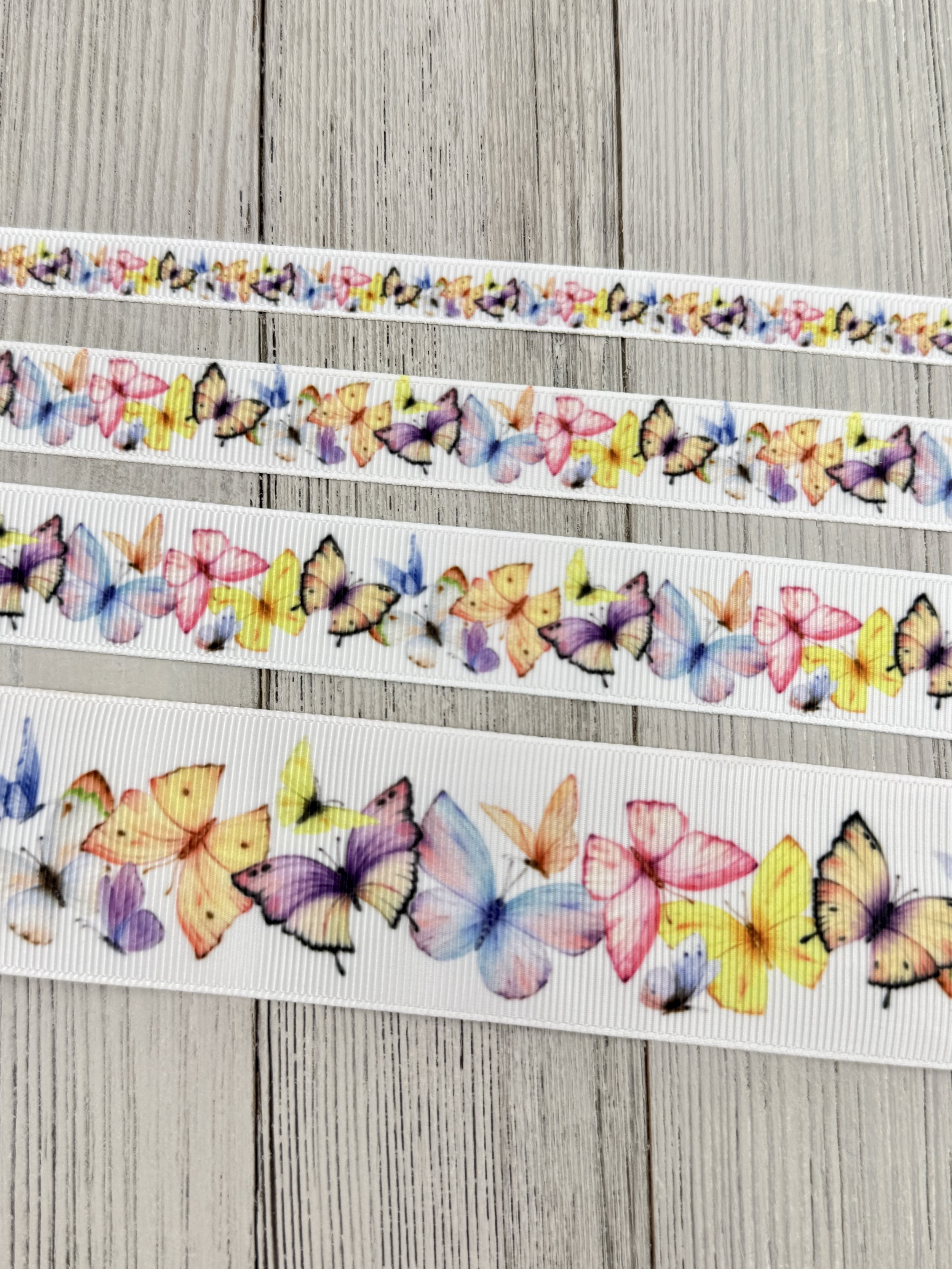 Pastel Butterflies Printed on White Grosgrain Ribbon: 3/8", 5/8", 7/8", 1.5",Gift Wrap, Luggage Tag, Key Fob, Lanyard, Hair Bow